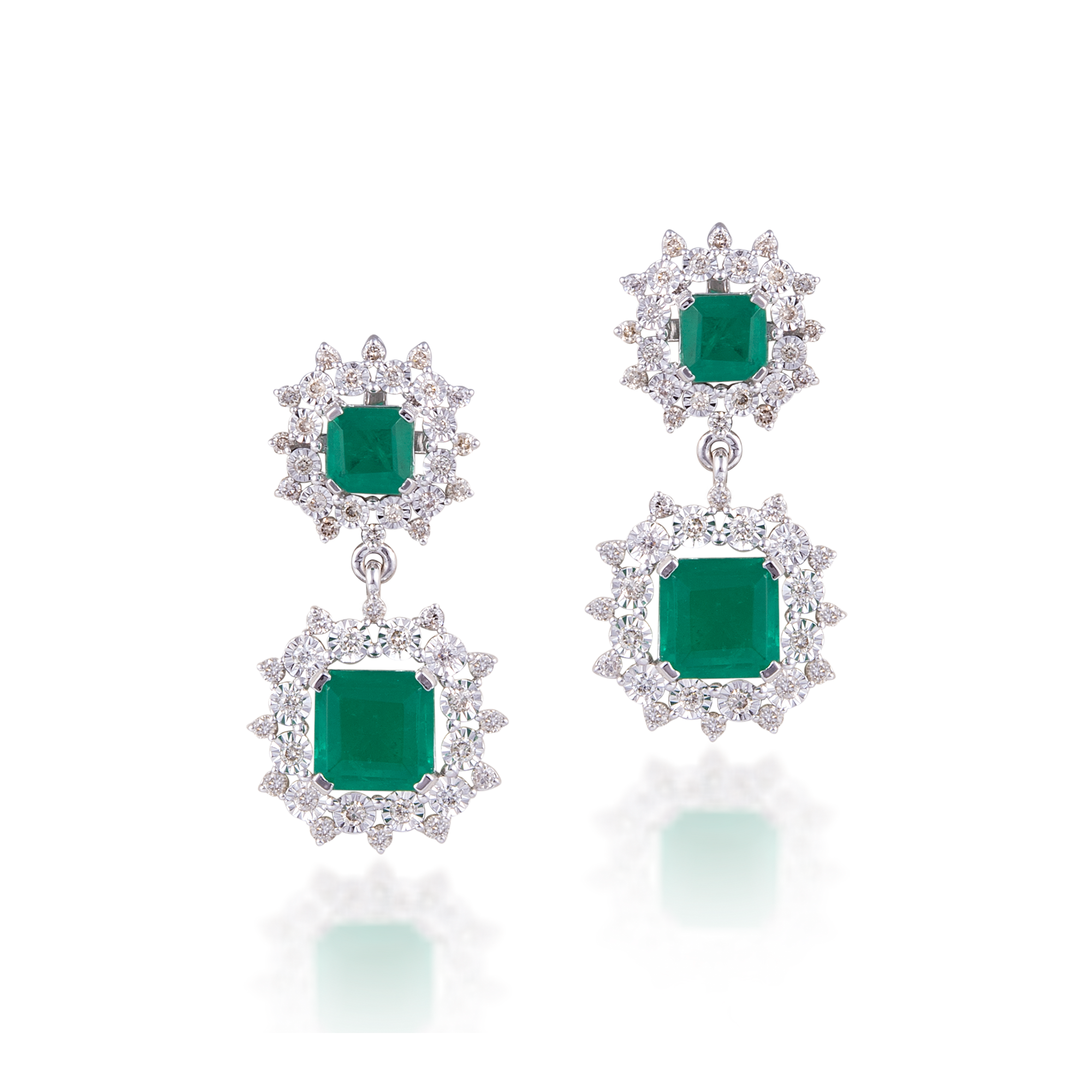 14 kt White Gold Diamond Earrings with Round Brilliant Diamonds & Semi Precious Green Gemstones