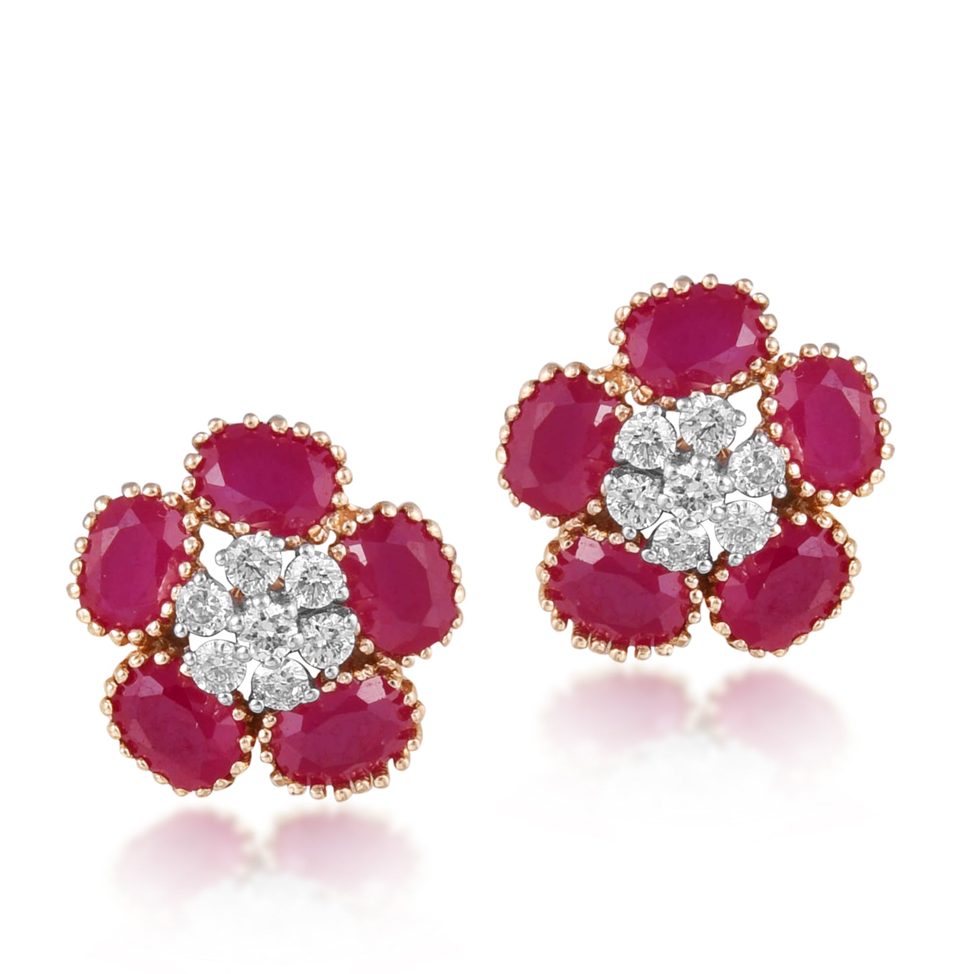 Studs in 18kt yellow gold with Round Brilliant cut diamonds & Semi Precious Red Stone.