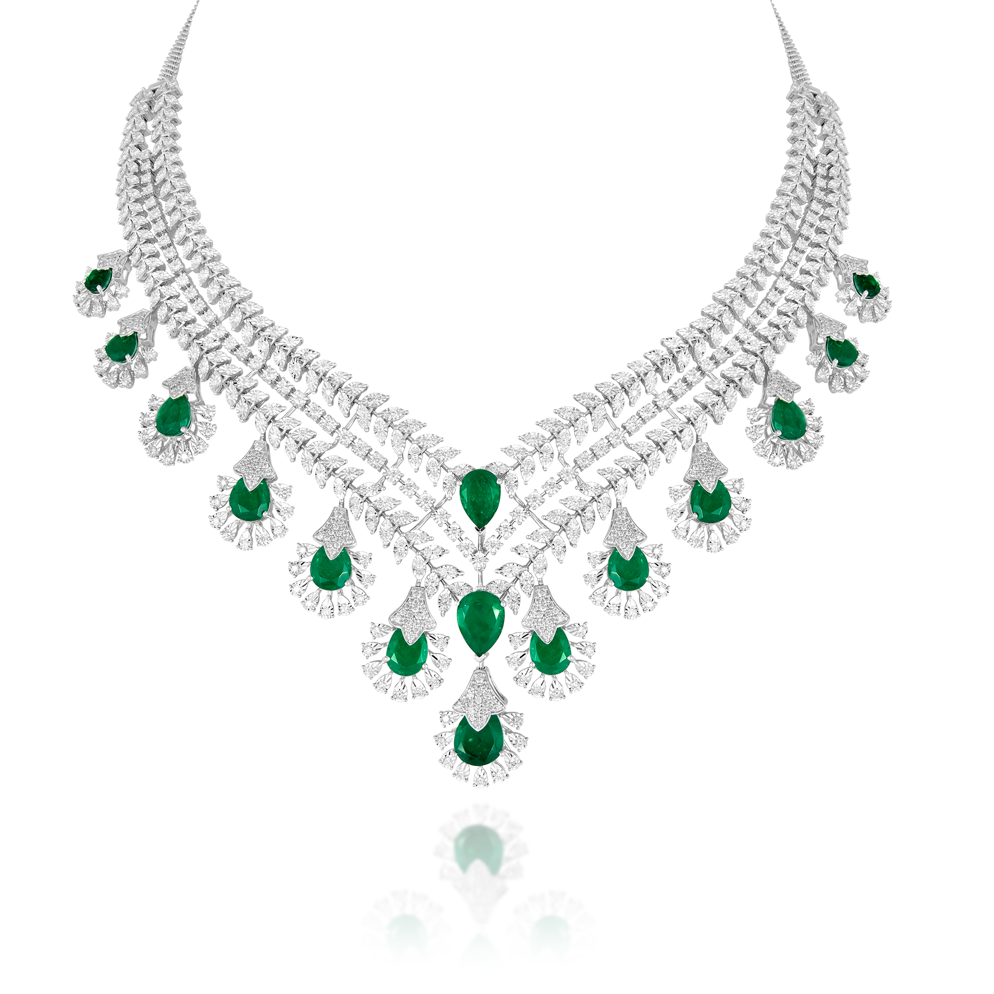 Necklace Set in 14kt white gold with Round Brilliant cut diamonds & semi-precious green gemstones