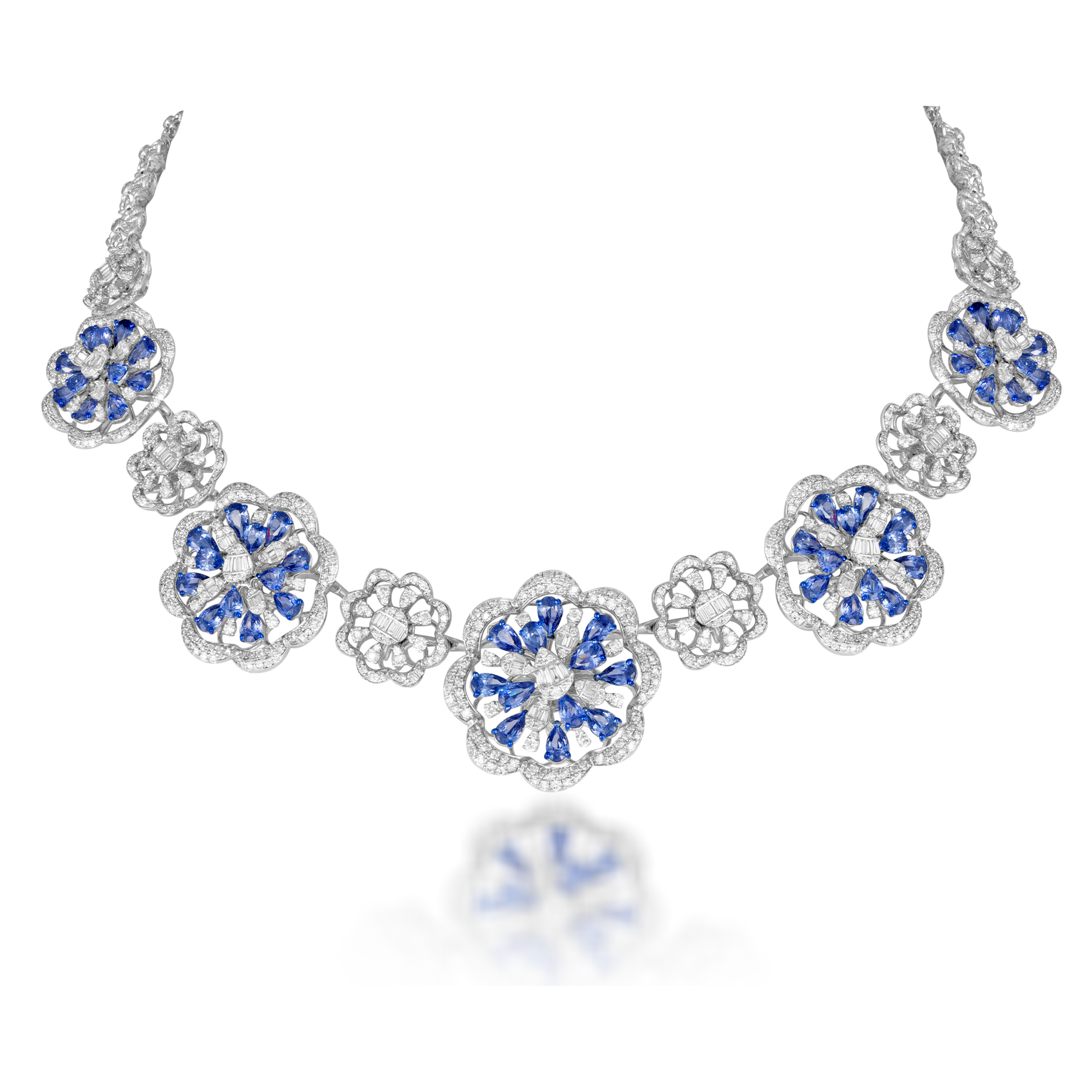 14 kt White Gold Diamond Necklace Set with Round Brilliant, Baguettes & Tanzanite Stones.