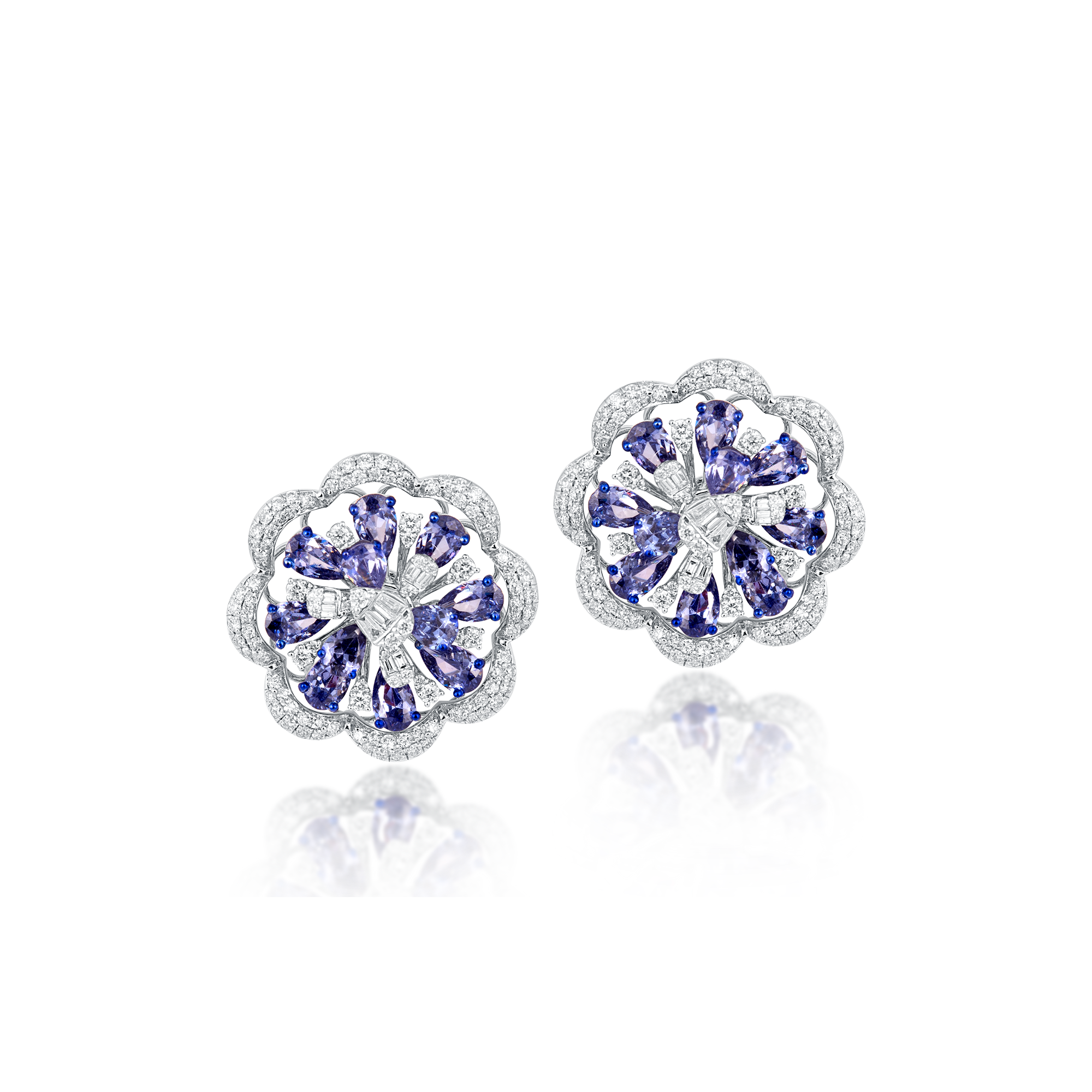 14 kt White Gold Diamond Earrings with Round Brilliant, Baguettes & Tanzanite Stones.