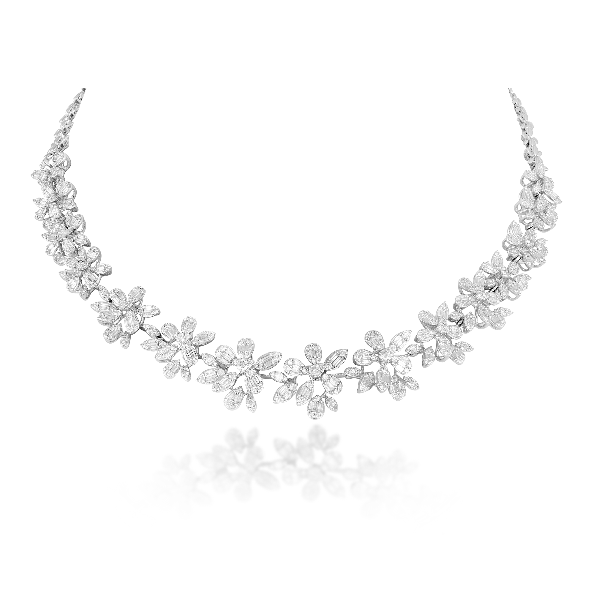 14 kt White Gold Diamond Necklace Set with Round Brilliant, & Baguettes