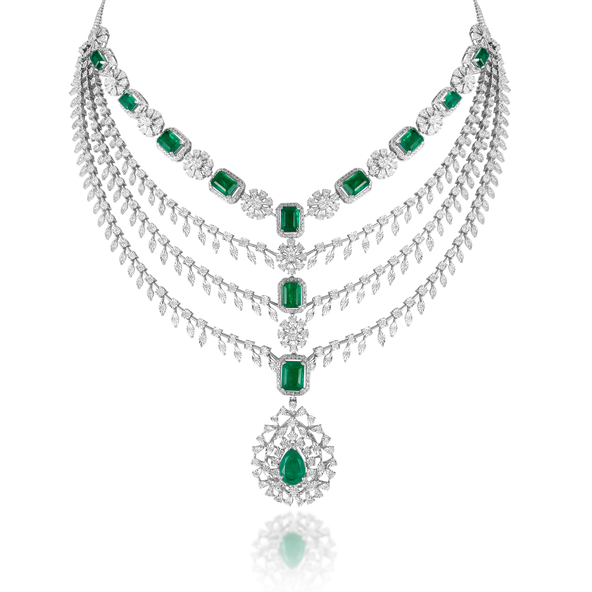 14 kt White Gold Diamond Necklace Set with Round Brilliant Diamonds & Semi Precious Green Gemstones.