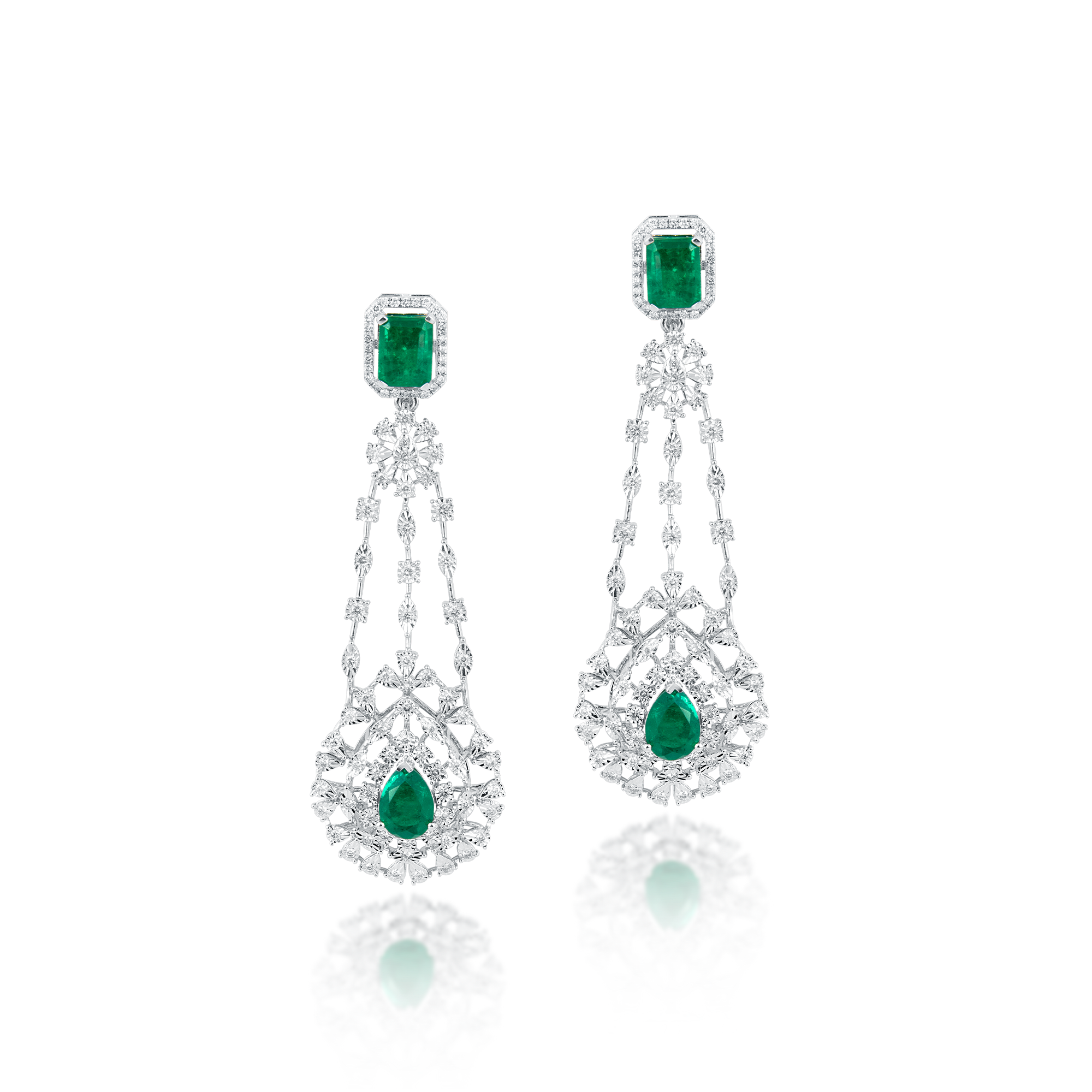 14 kt White Gold Diamond Earrings with Round Brilliant Diamonds & Semi Precious Green Gemstones