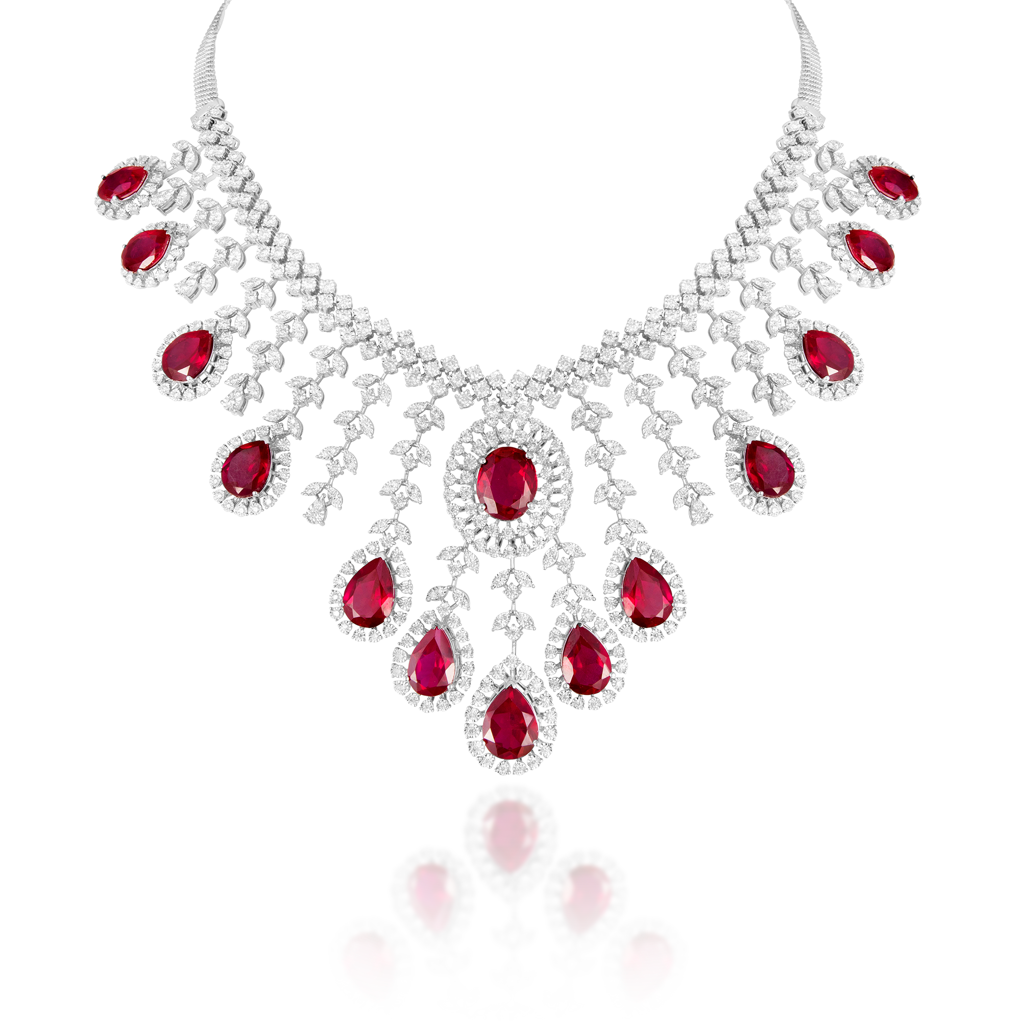 14 kt White Gold Diamond Necklace Set with Round Brilliant & Semi Precious Red Gemstones