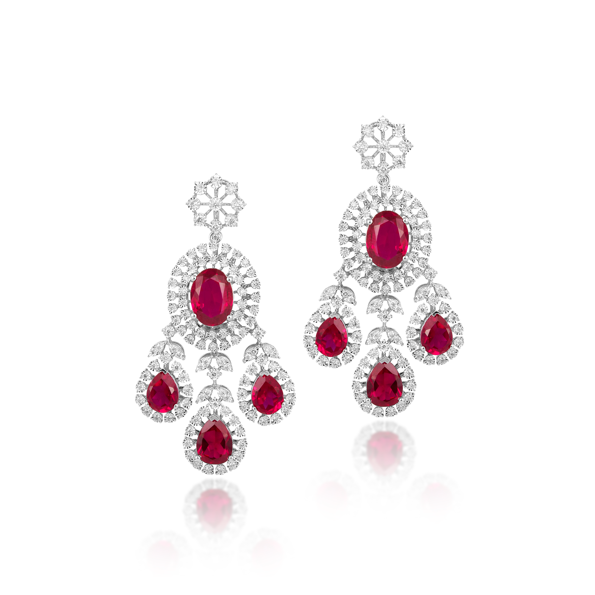 14 kt White Gold Diamond Earrings with Round Brilliant & Semi Precious Red Gemstones