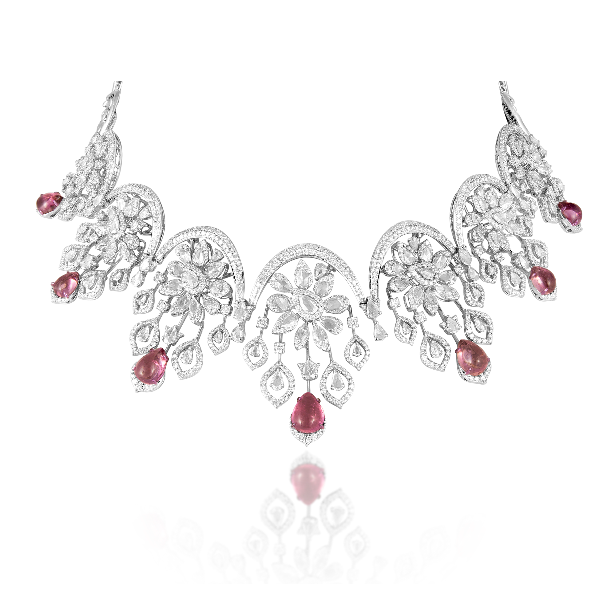 14 kt White Gold Diamond Necklace Set with Round Brilliant, Rose Cut, Pink Tourmaline Gemstones