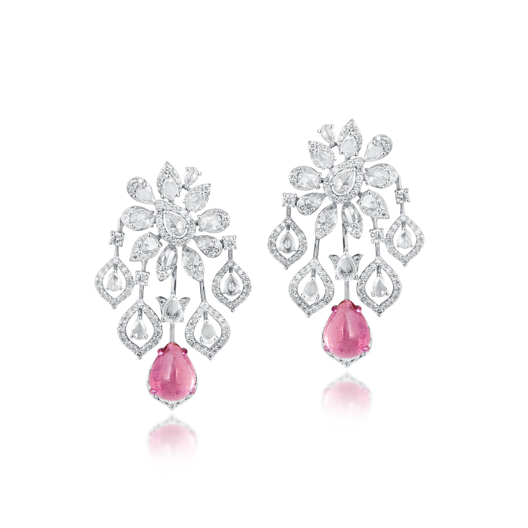 14 kt White Gold Diamond Earring with Round Brilliant, Rose Cut, Pink Tourmaline Gemstones.