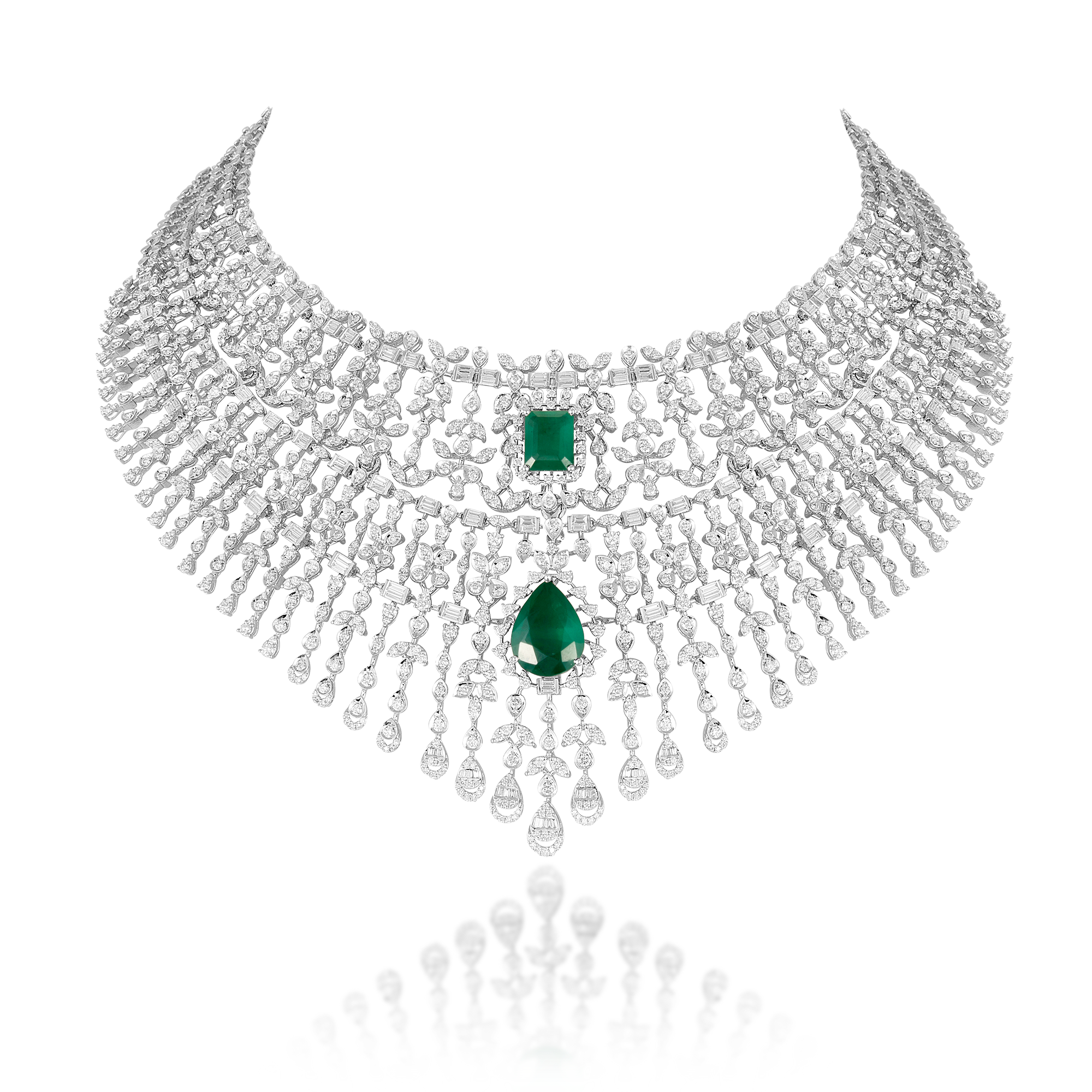 14 kt White Gold Diamond Necklace Set with Round Brilliant, Baguettes With Semi Precious Changeable Stones Red, Green & Blue
