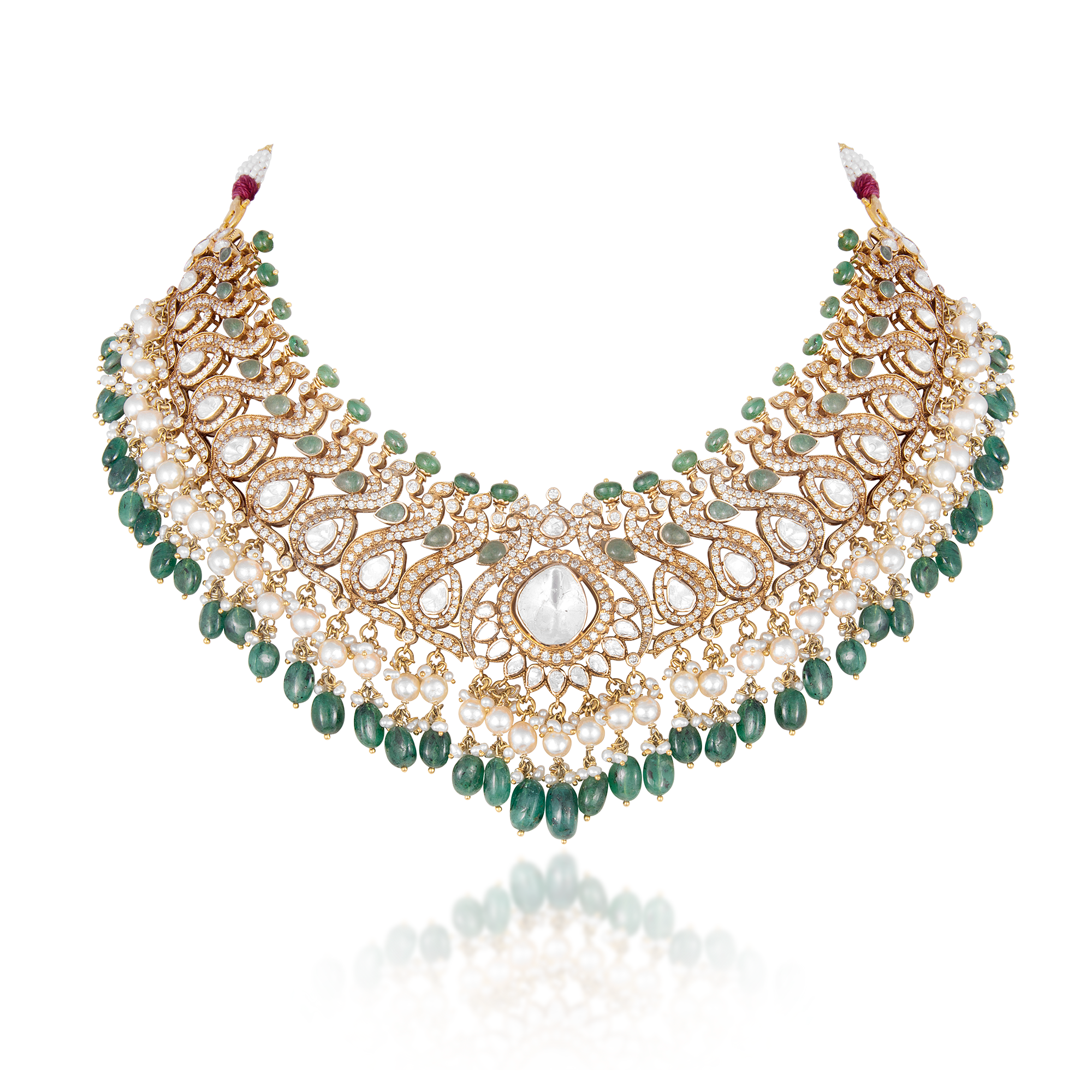 Polki Diamond Necklace in 14 kt gold with pearls And Precious Emerald.