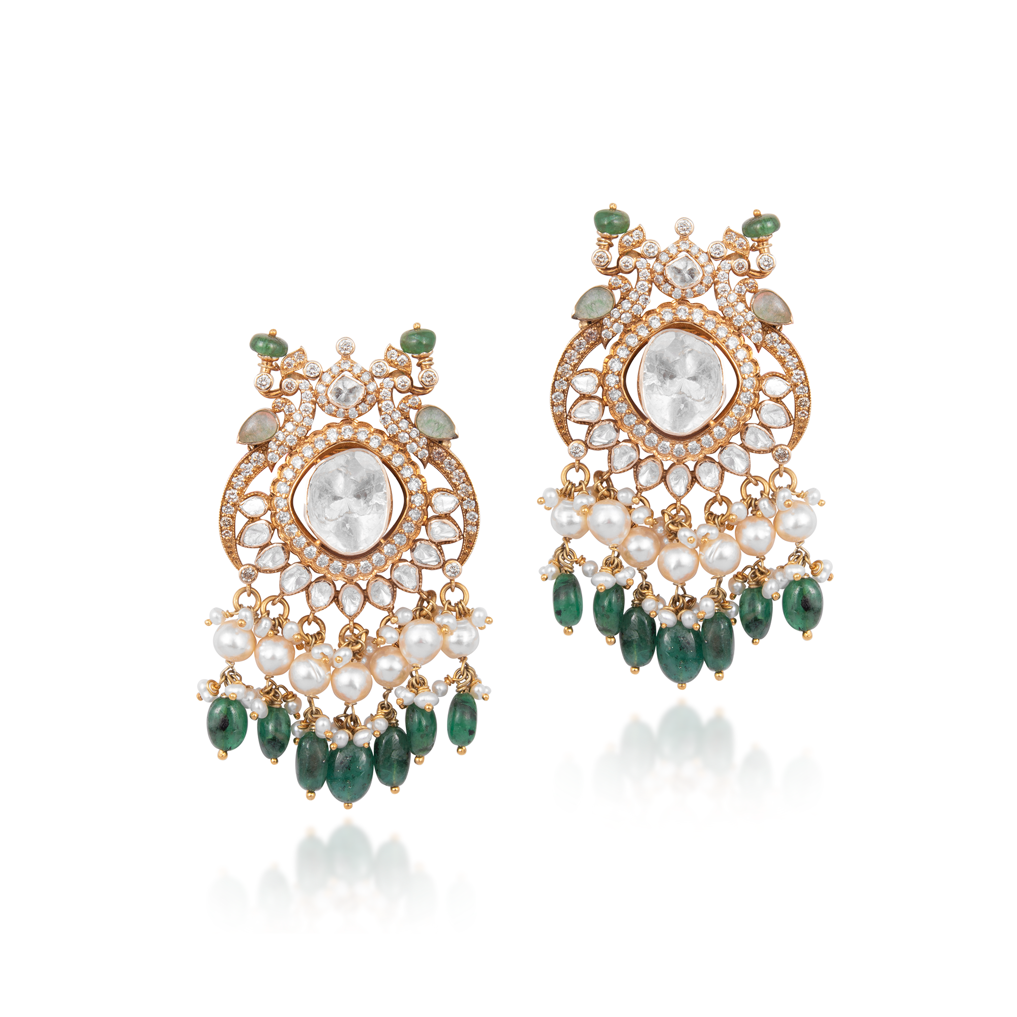 Polki Diamond Earrings in 14 kt gold with pearls And Precious Emerald