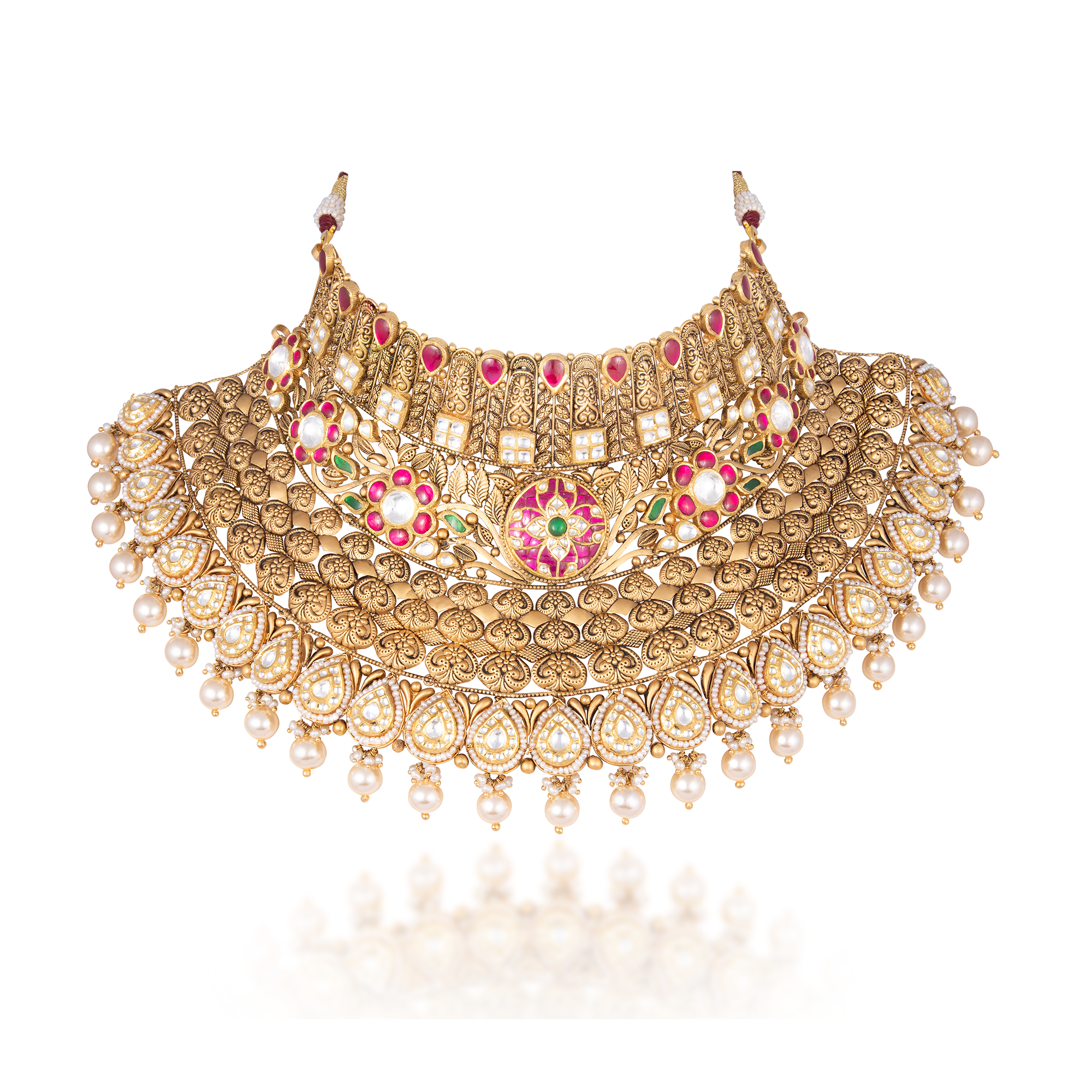Kundan Necklace Set in 22kt Antique gold Pearls with Ruby.