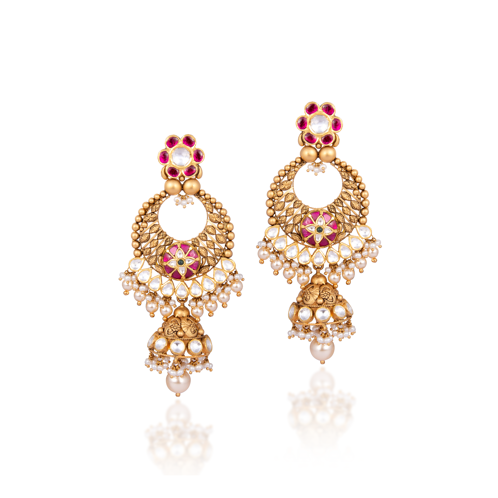 Kundan Earrings in 22kt Antique gold Pearls with Ruby.