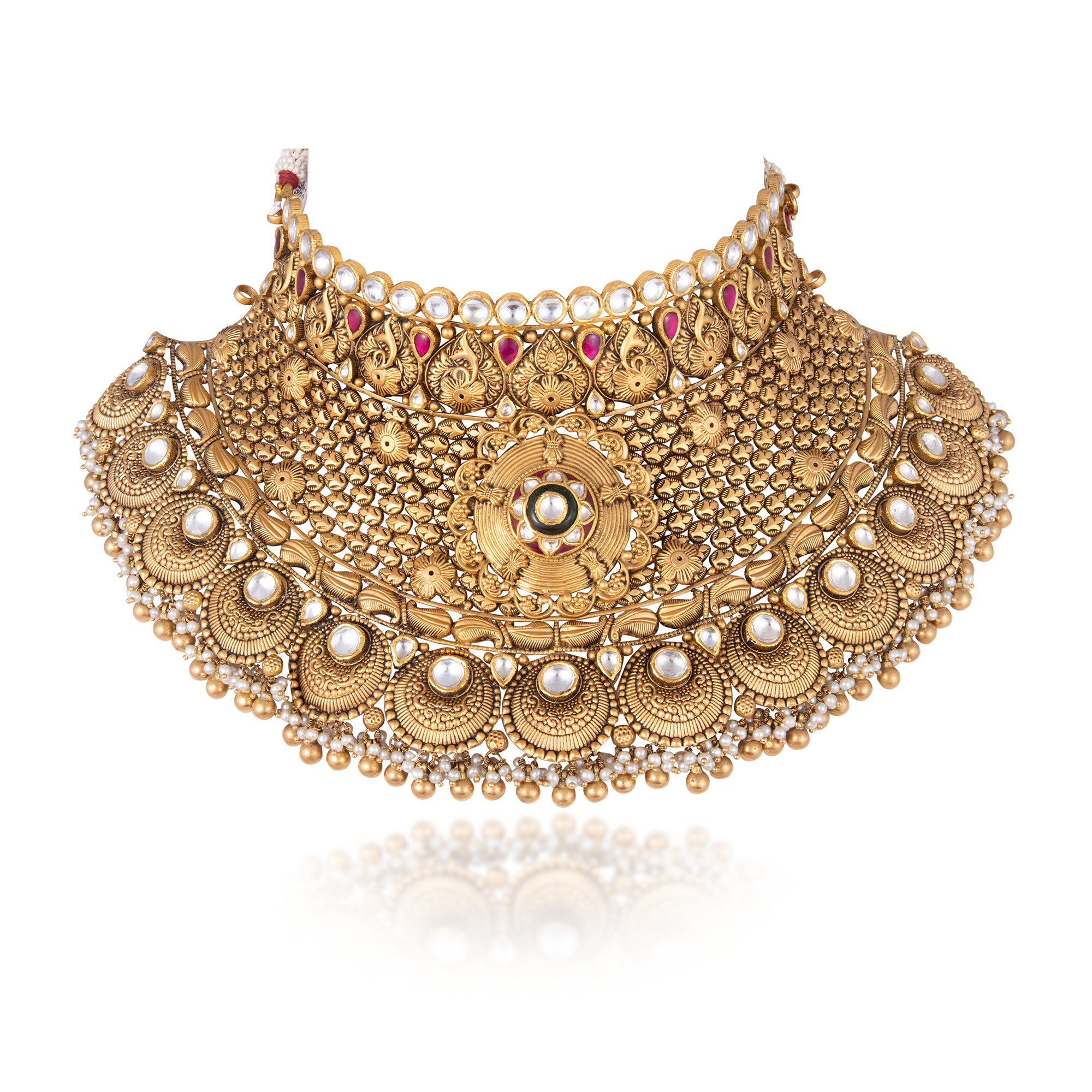 Kundan Necklace Set in 22kt Antique gold Pearls with Ruby.