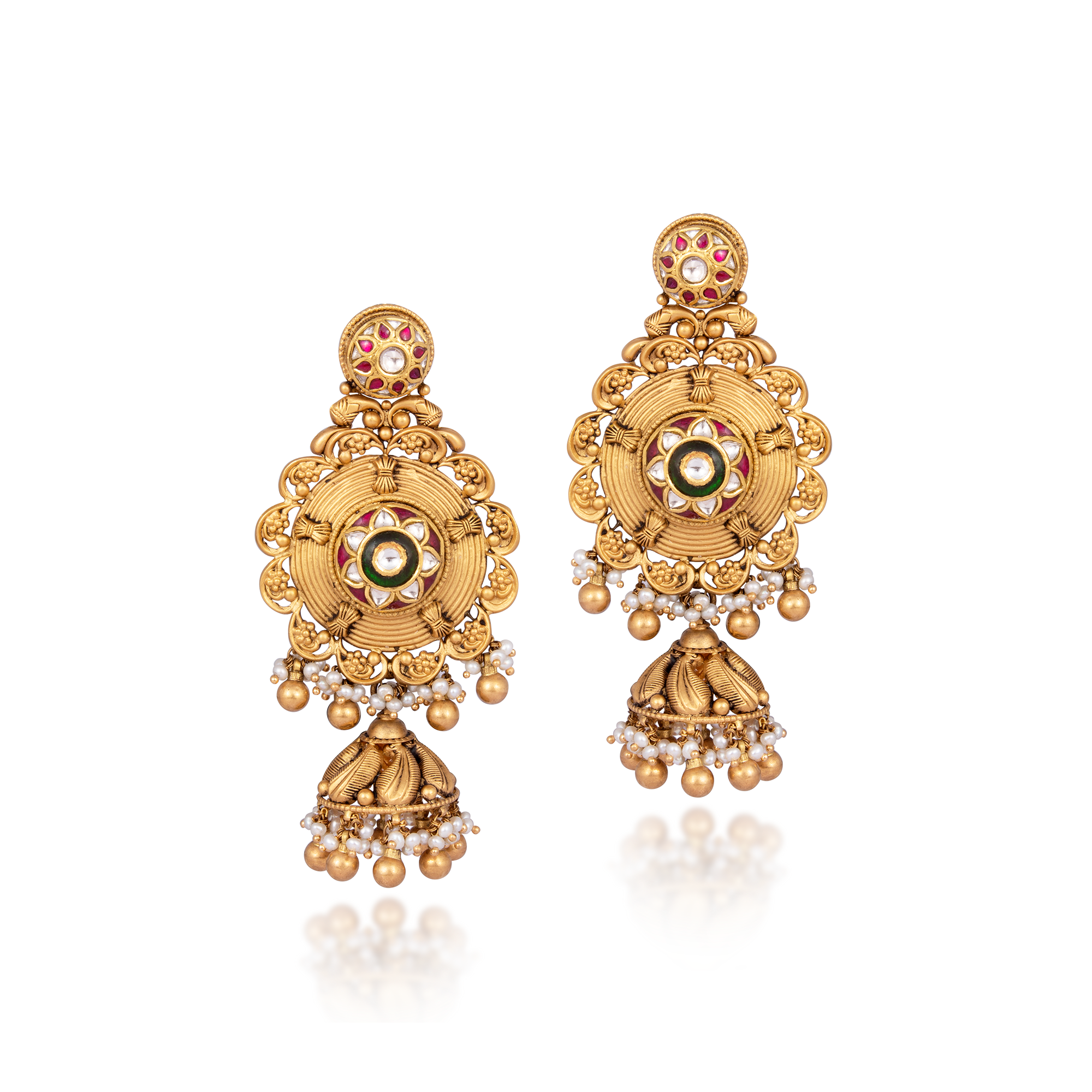 Kundan Earrings in 22kt Antique gold Pearls with Ruby.
