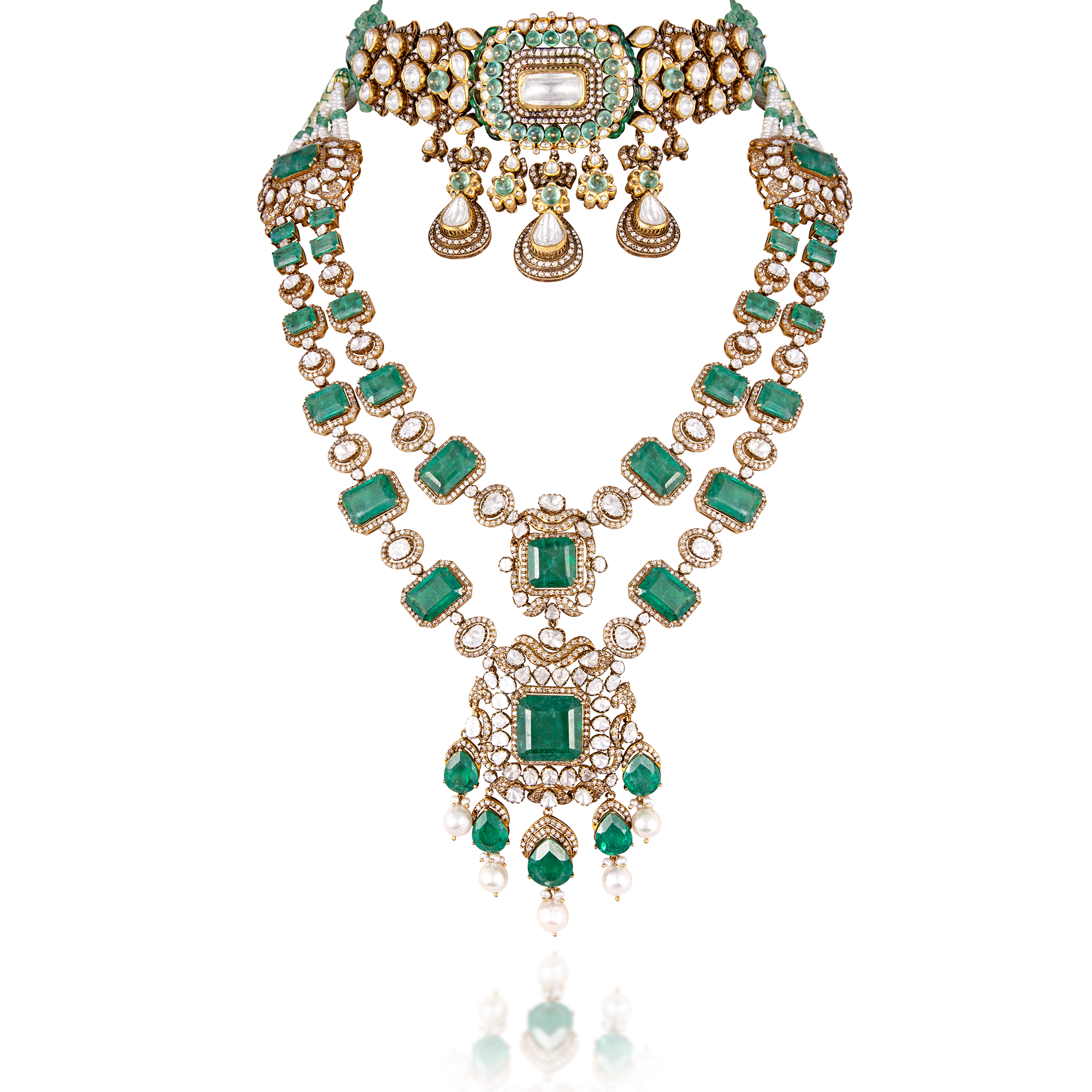 Polki Diamond Necklace in 14 kt gold with Precious Emerald
