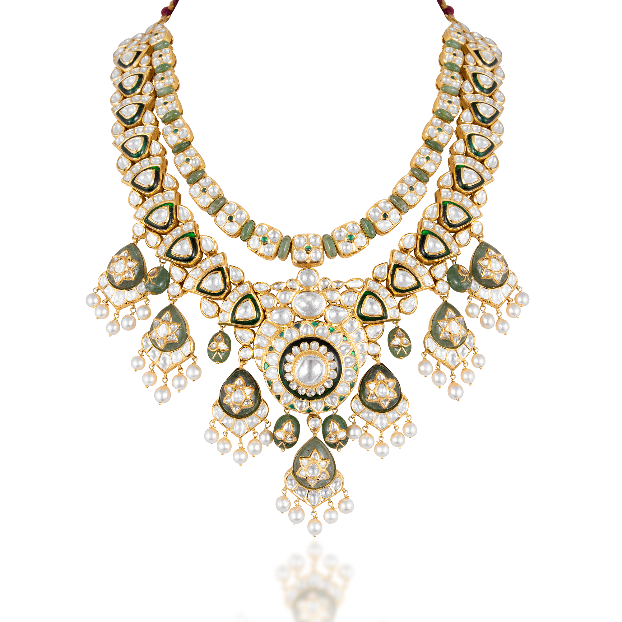 Polki Diamond Necklace in 18 kt gold with pearls And Precious Emerald.