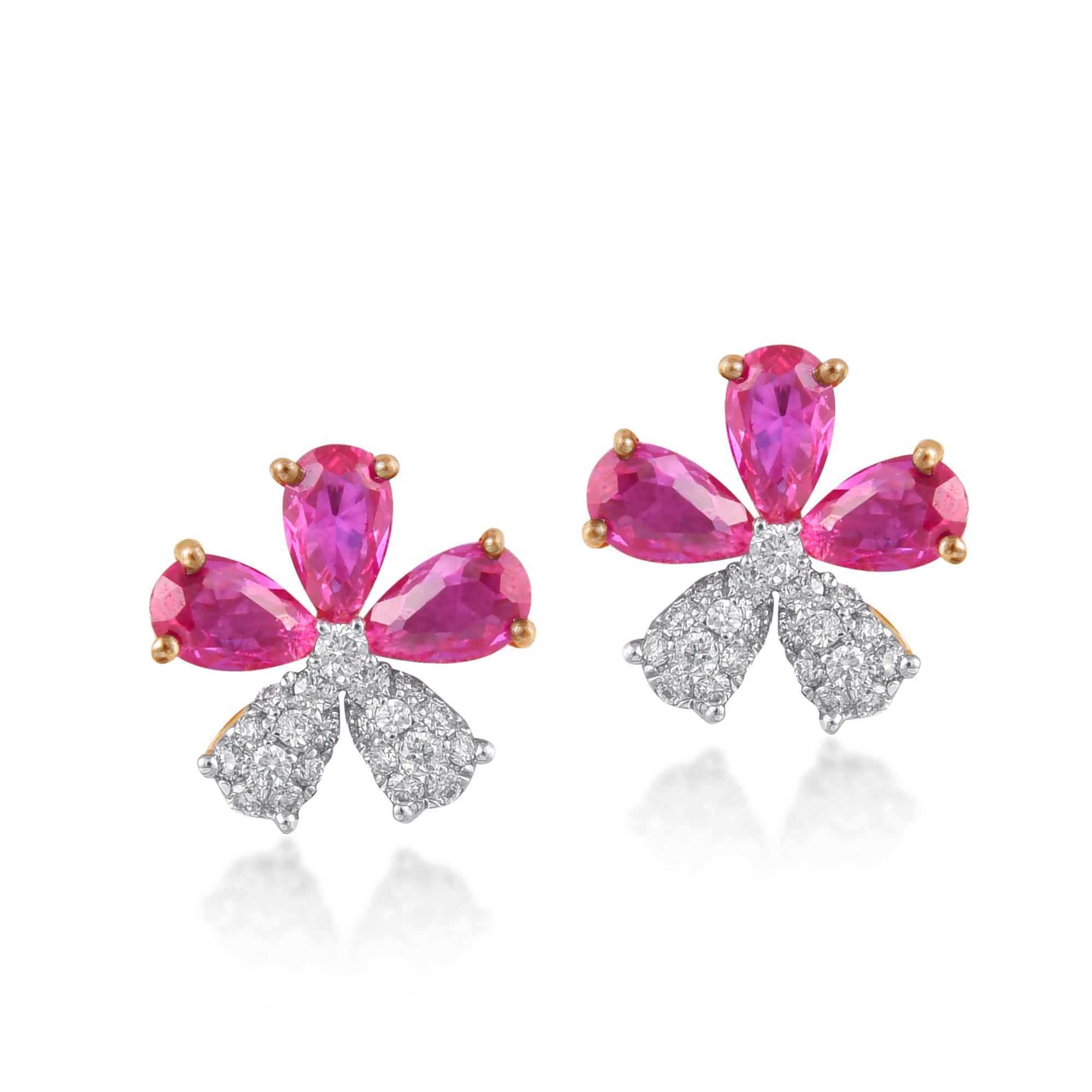 Earrings in 18kt Rose gold with Round Brilliant cut diamonds & Semi Precious Red Stone.