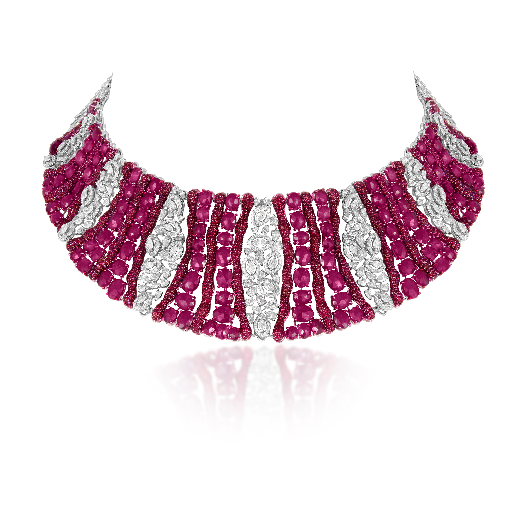 Necklace Set in 14kt white gold with Round Brilliant, Marquise, Pear shape Diamonds With Precious Ruby.