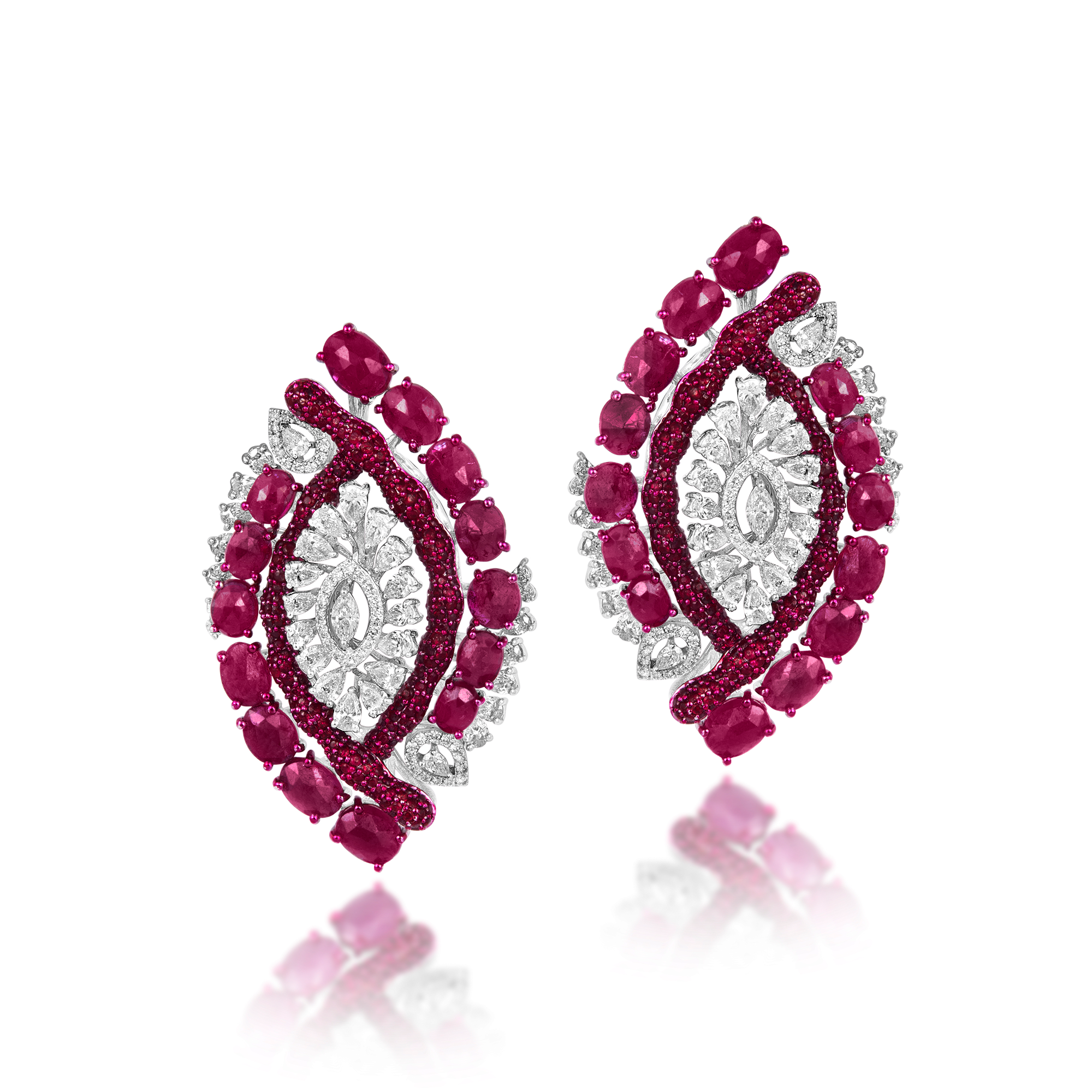Earring in 14kt white gold with Round Brilliant, Marquise, Pear shape Diamonds With Precious Ruby.