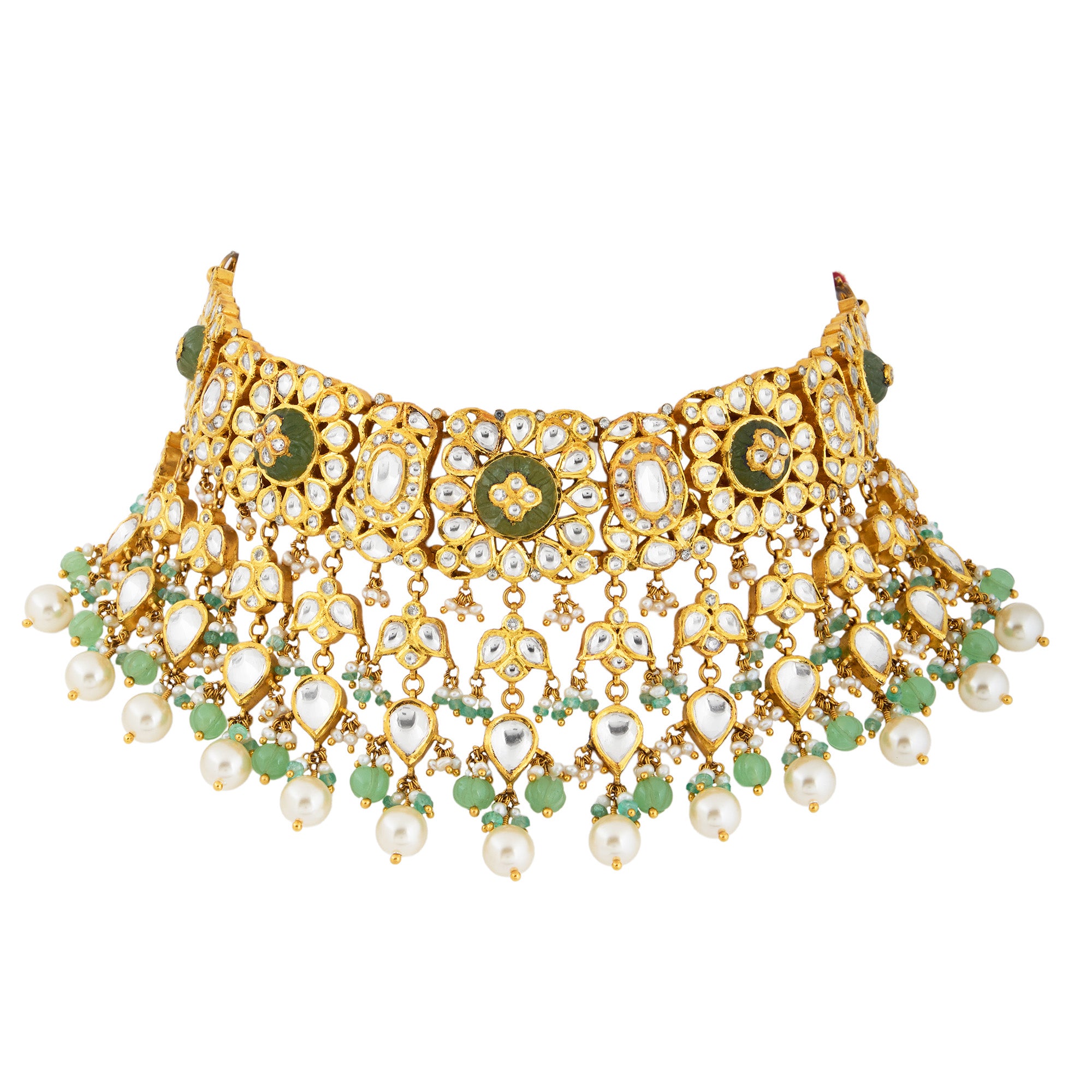 Kundan Necklace Set in 22kt pearls and Emerald