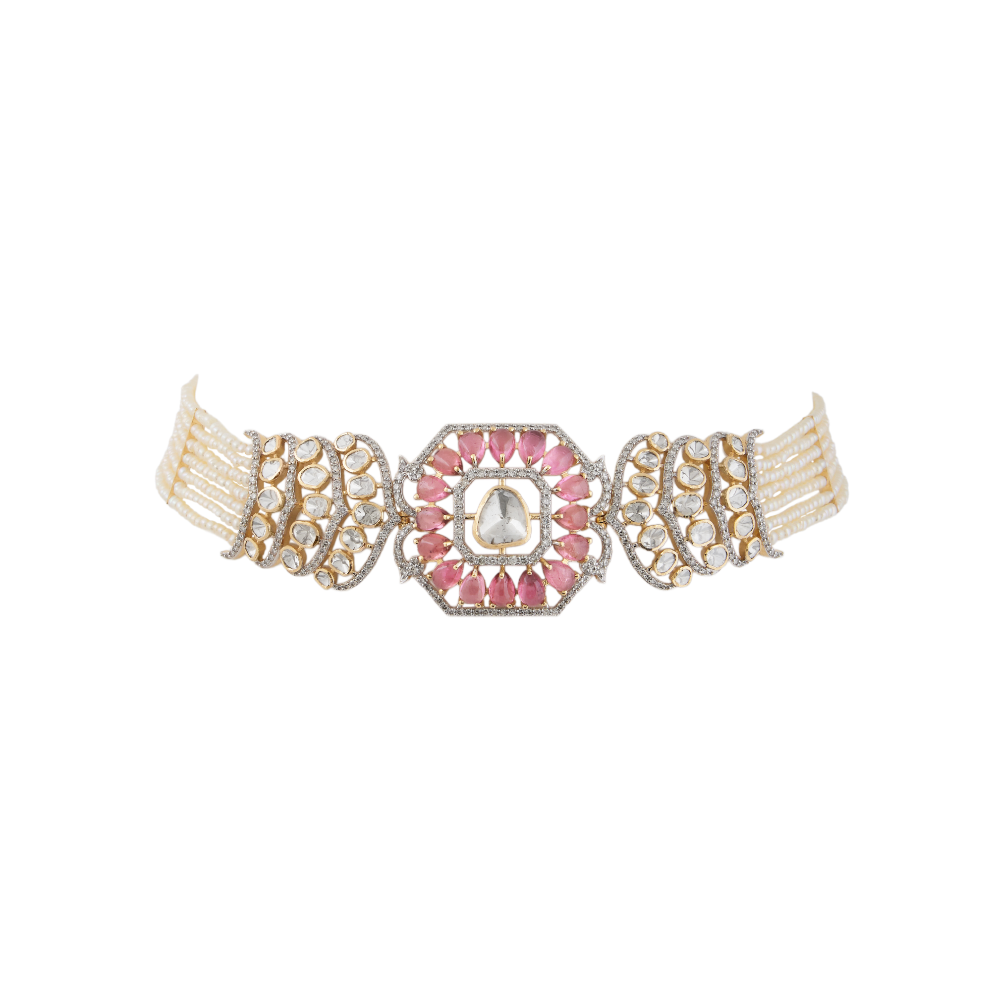 Polki diamond set with earrings in 14kt yellow gold with brilliant round diamonds and tourmaline stone.