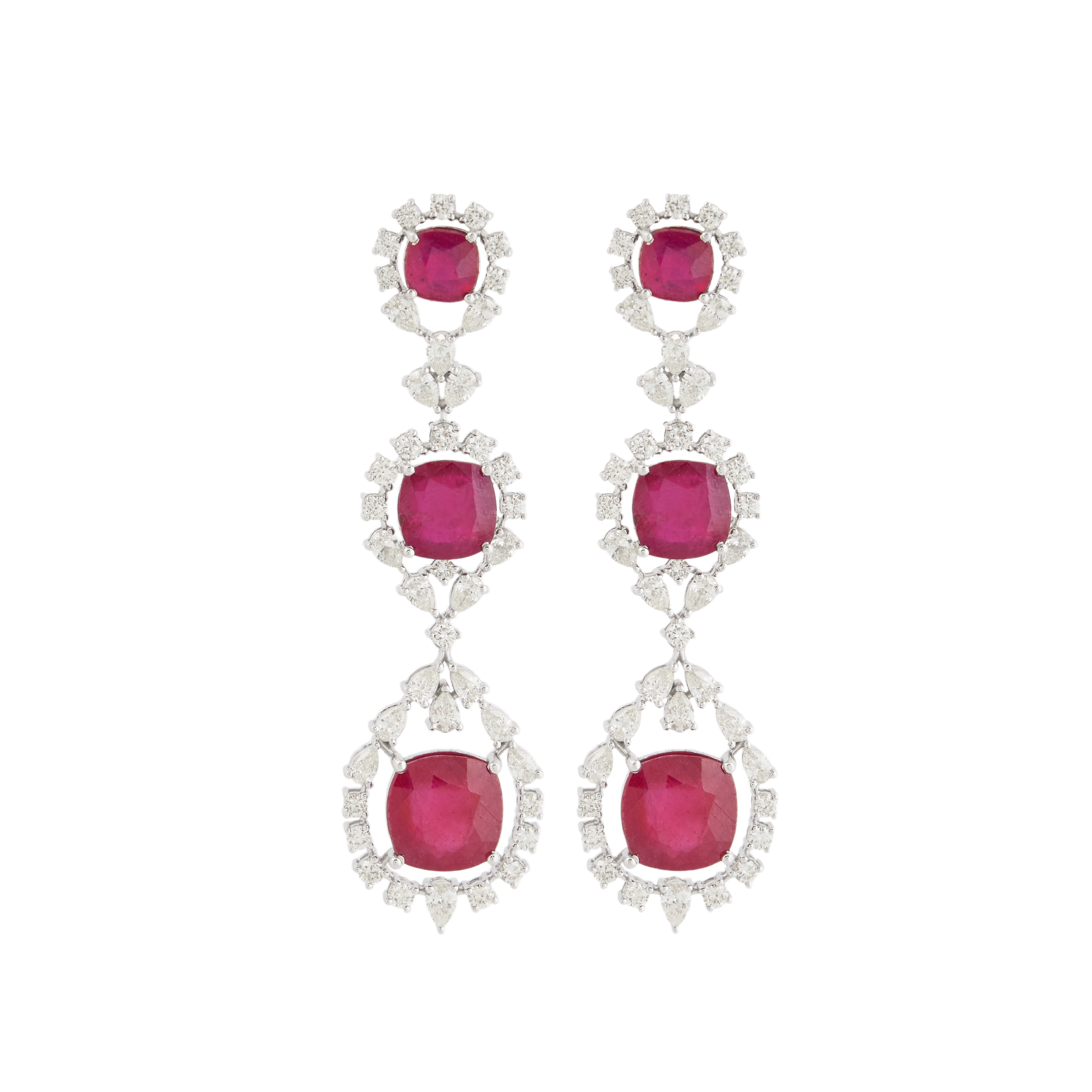 Necklace set in 14kt white gold with brilliant round, precious ruby and pear shaped diamonds.