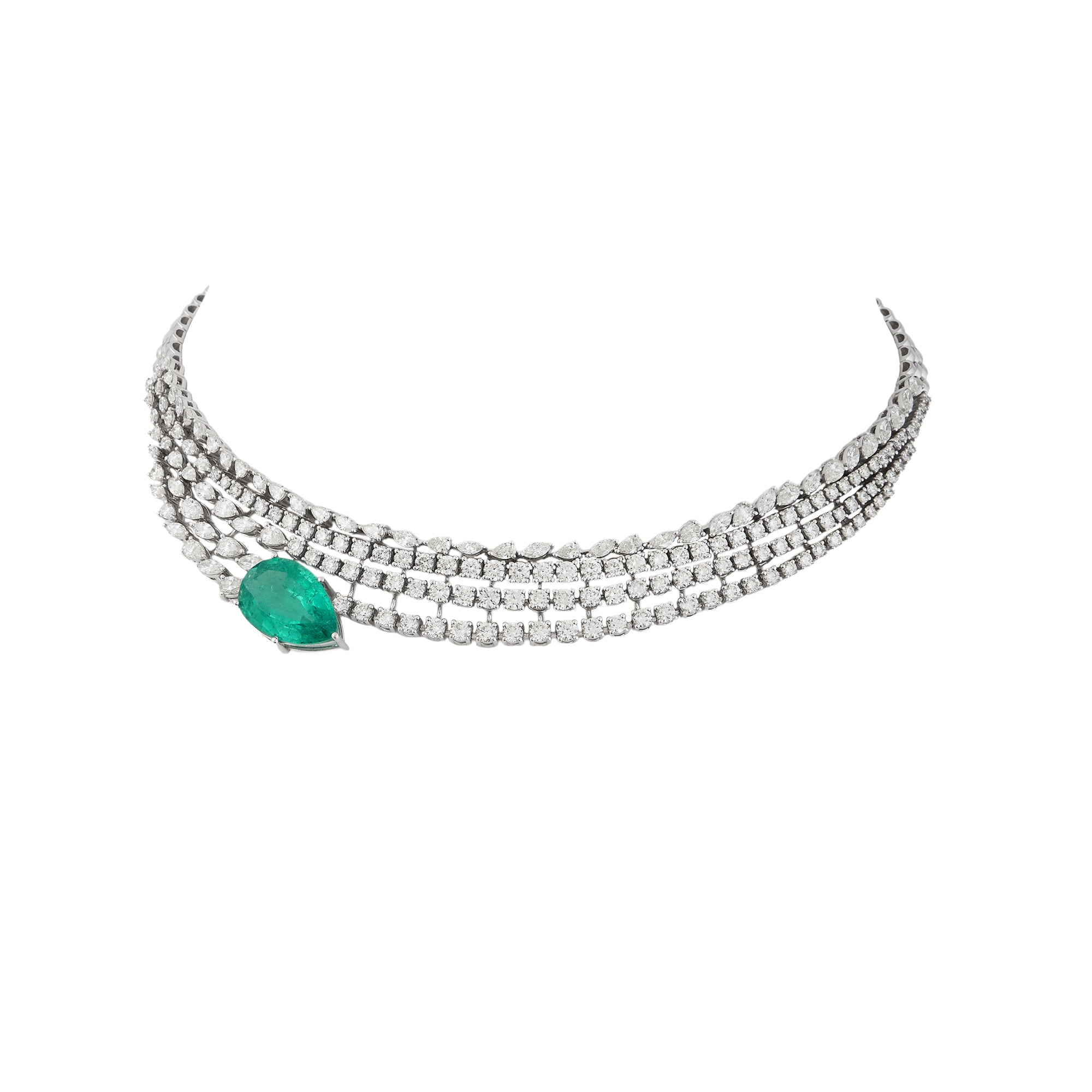 Necklace set in 14kt white gold with brilliant round, marquise and pear shaped diamonds and semi precious emerald.
