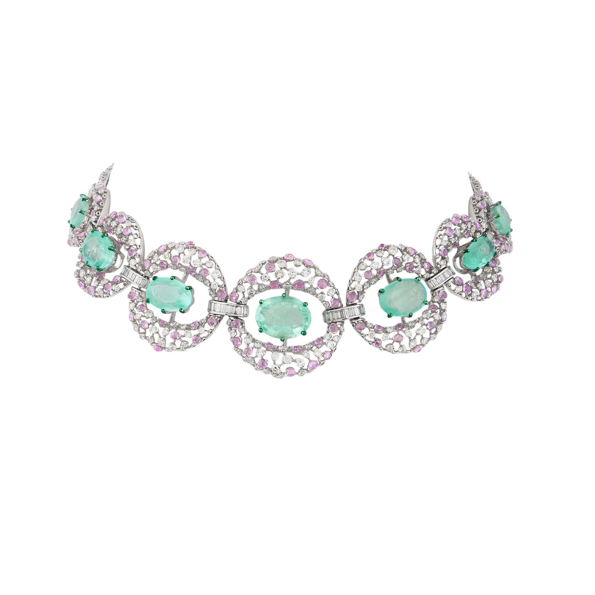 Necklace set in 14kt white gold with brilliant round, baguettes and a precious sapphire, precious emerald.