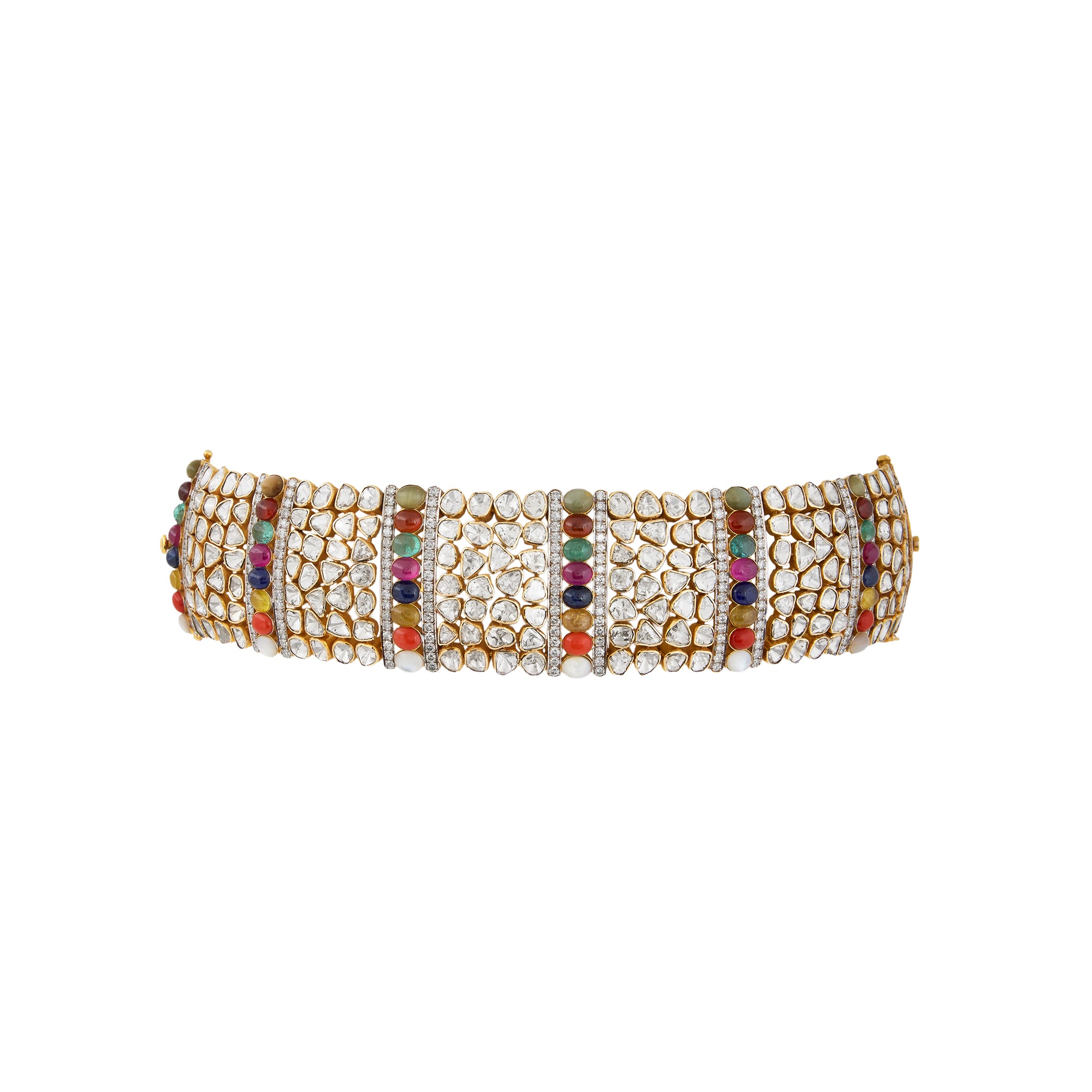 Navratan polki diamond chocker necklace cum bracelet in 14kt yellow gold with brilliant round diamonds.