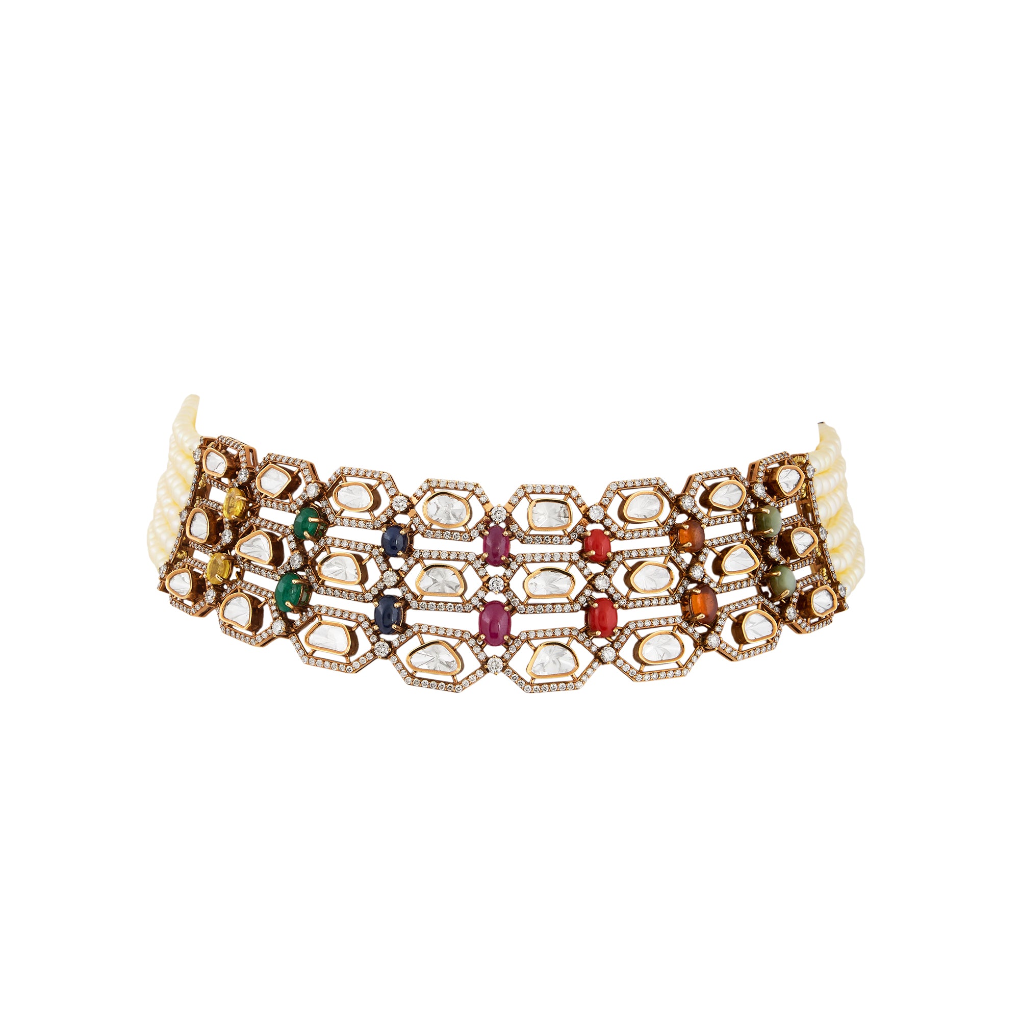 Navratan polki diamond necklace set in 14kt yellow gold with brilliant round diamonds and pearls.