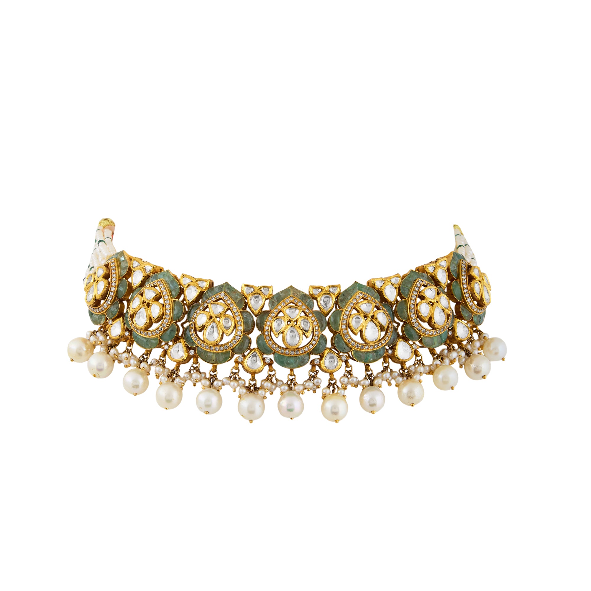 Polki diamond necklace set in 14kt yellow gold with brilliant round diamonds, pearls and precious emerald.