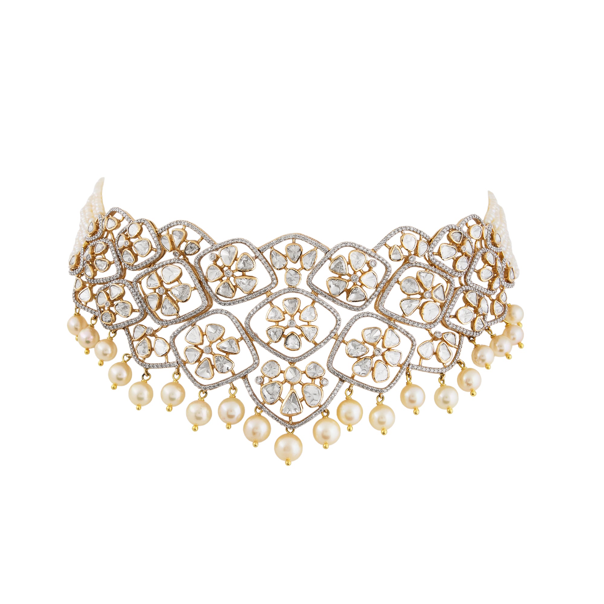 Polki diamond necklace set in 14kt yellow gold with brilliant round diamonds and pearls.