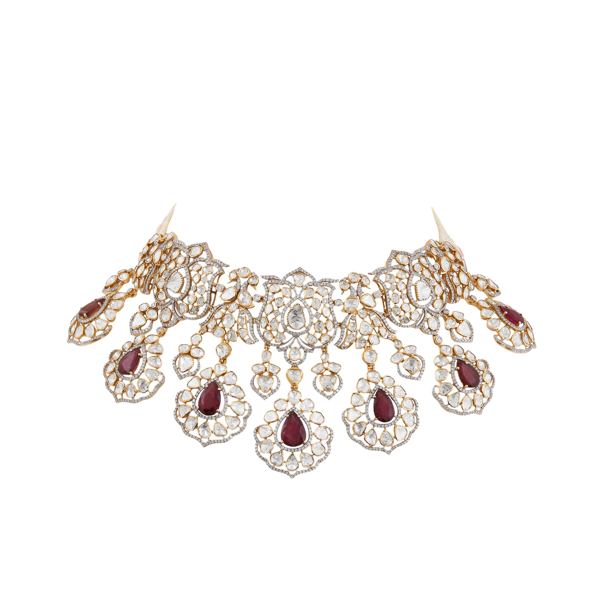 Polki diamond necklace set in 14kt yellow gold with brilliant round diamonds with tourmaline and pearls.