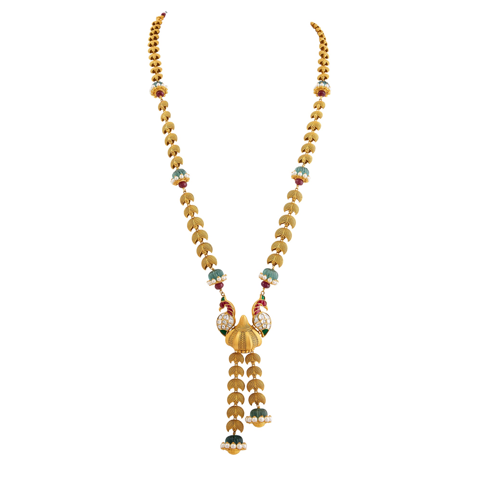Necklace set in 22kt Antique gold, with emerald, ruby and kundan touch.