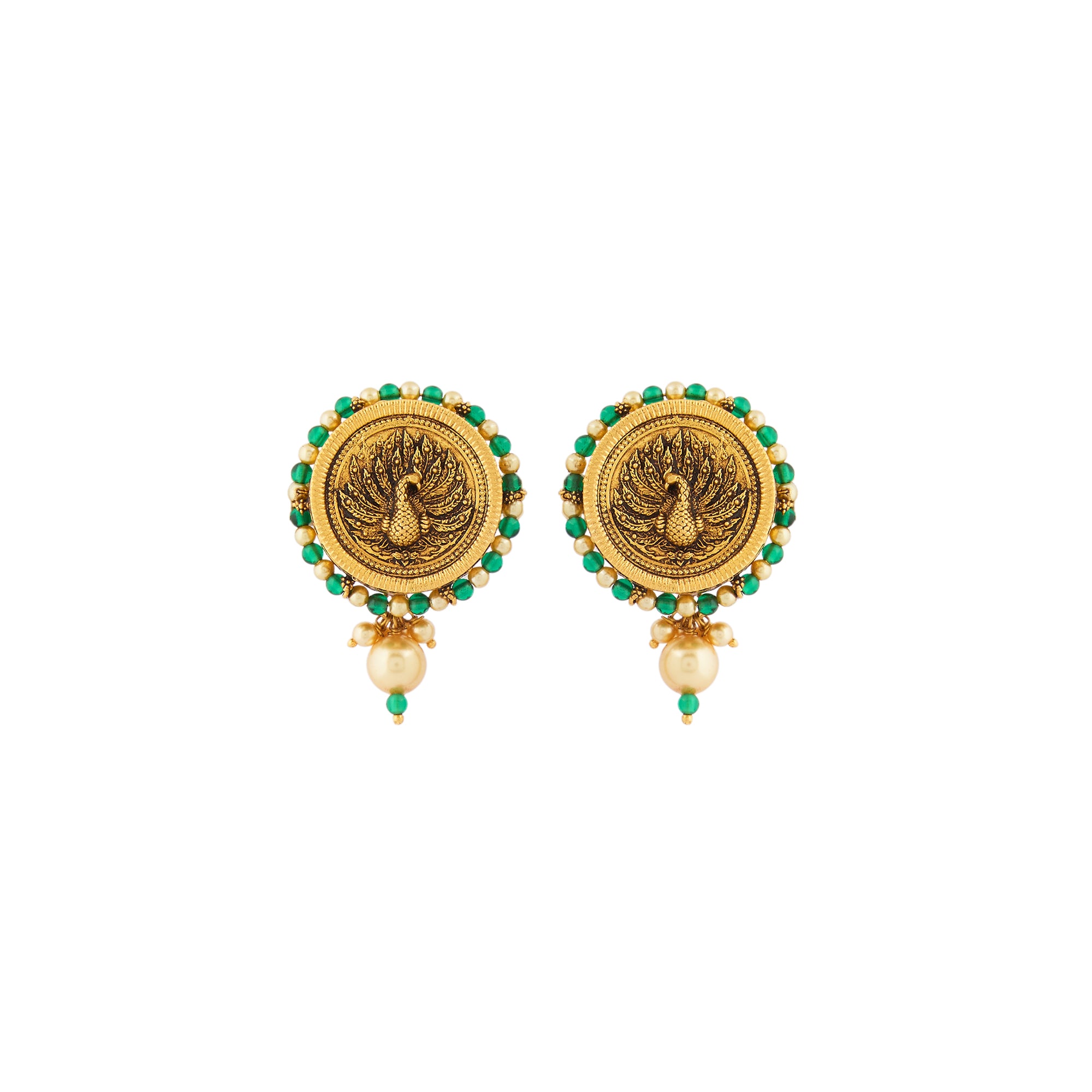 Earrings in 22kt temple Antique gold, with emerald and pearls.