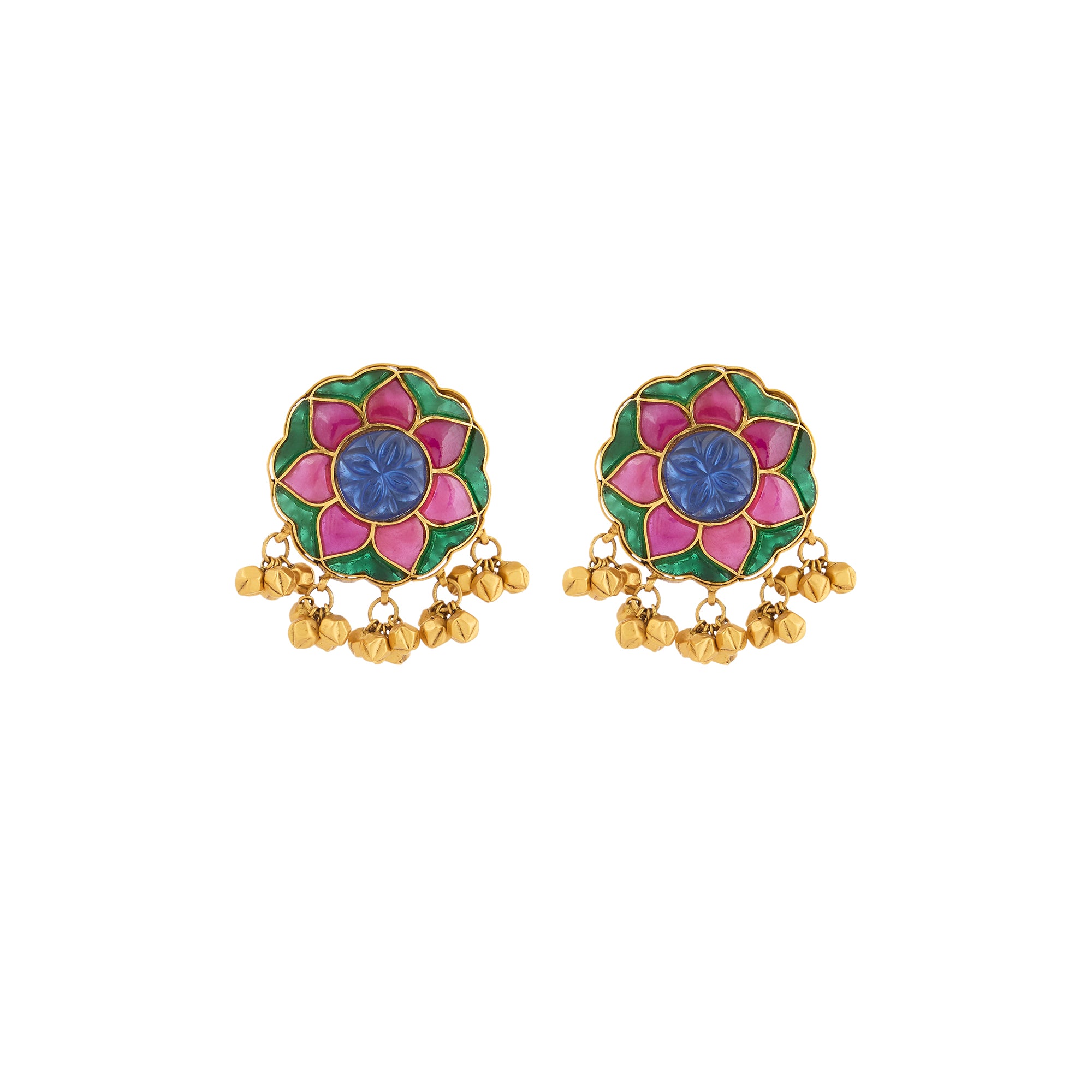 Earrings in 22kt Antique gold, with sapphire and ruby.