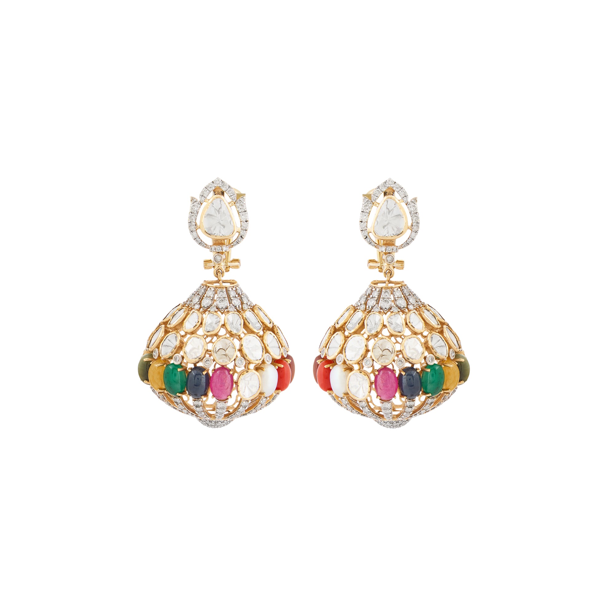 Navratan polki diamond earrings in 14kt yellow gold with brilliant round diamonds.