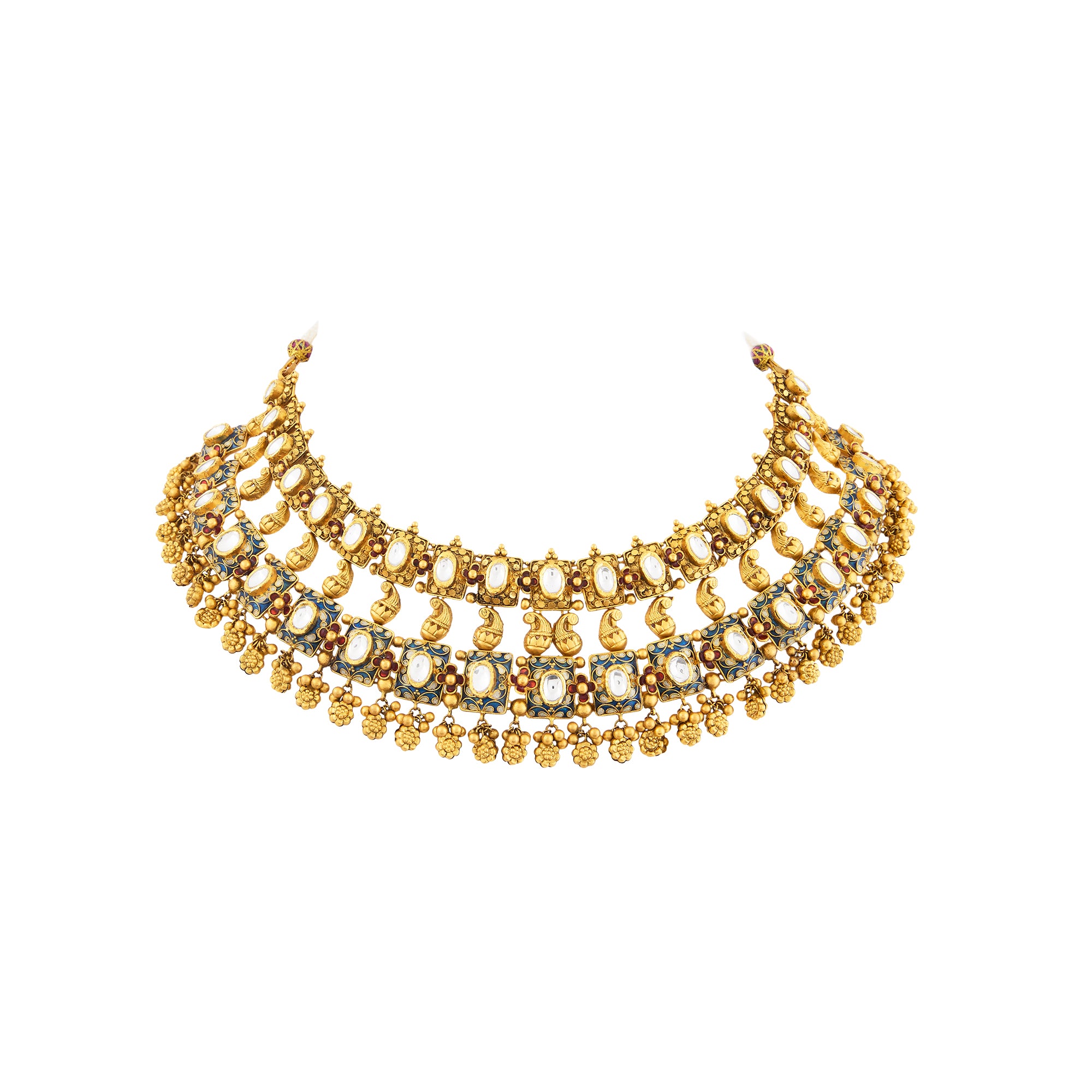 Necklace set in 22kt Antique gold, with enamel and kundan touch.