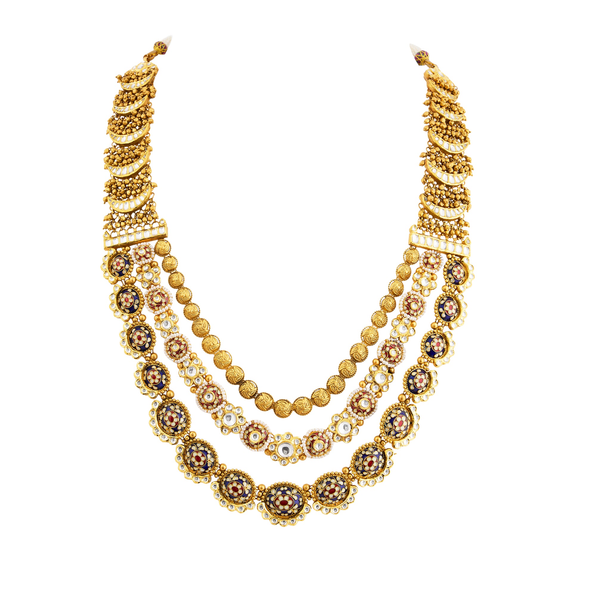 Necklace set in 22kt Antique gold, with enamel and kundan touch.