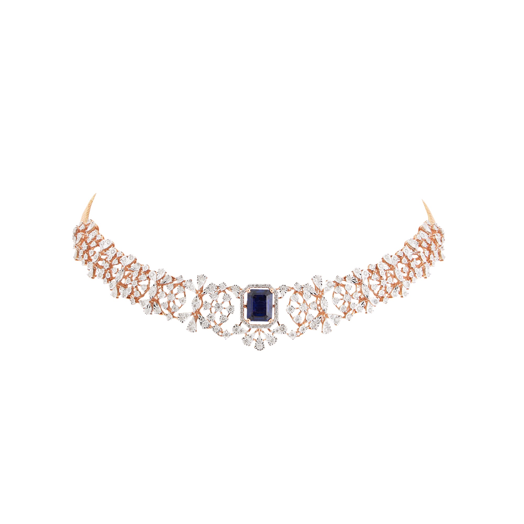 Necklace set in 14kt rose gold with brilliant round diamonds, semi precious sapphire with changeable stones.