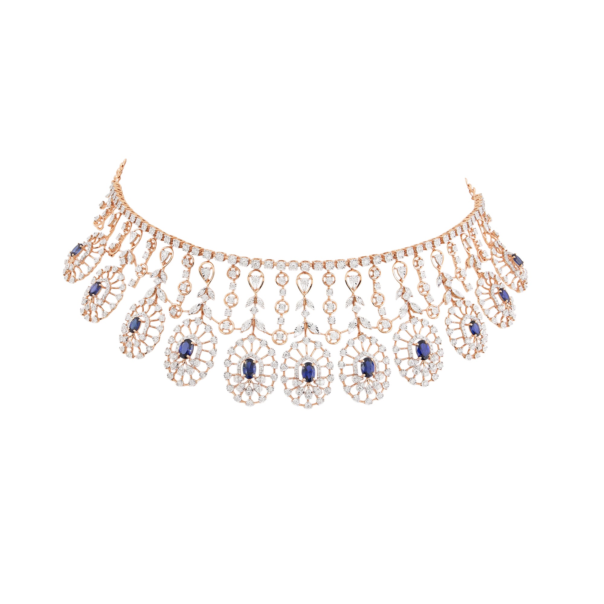 Necklace set in 14kt rose gold with brilliant round diamonds and semi precious sapphire.