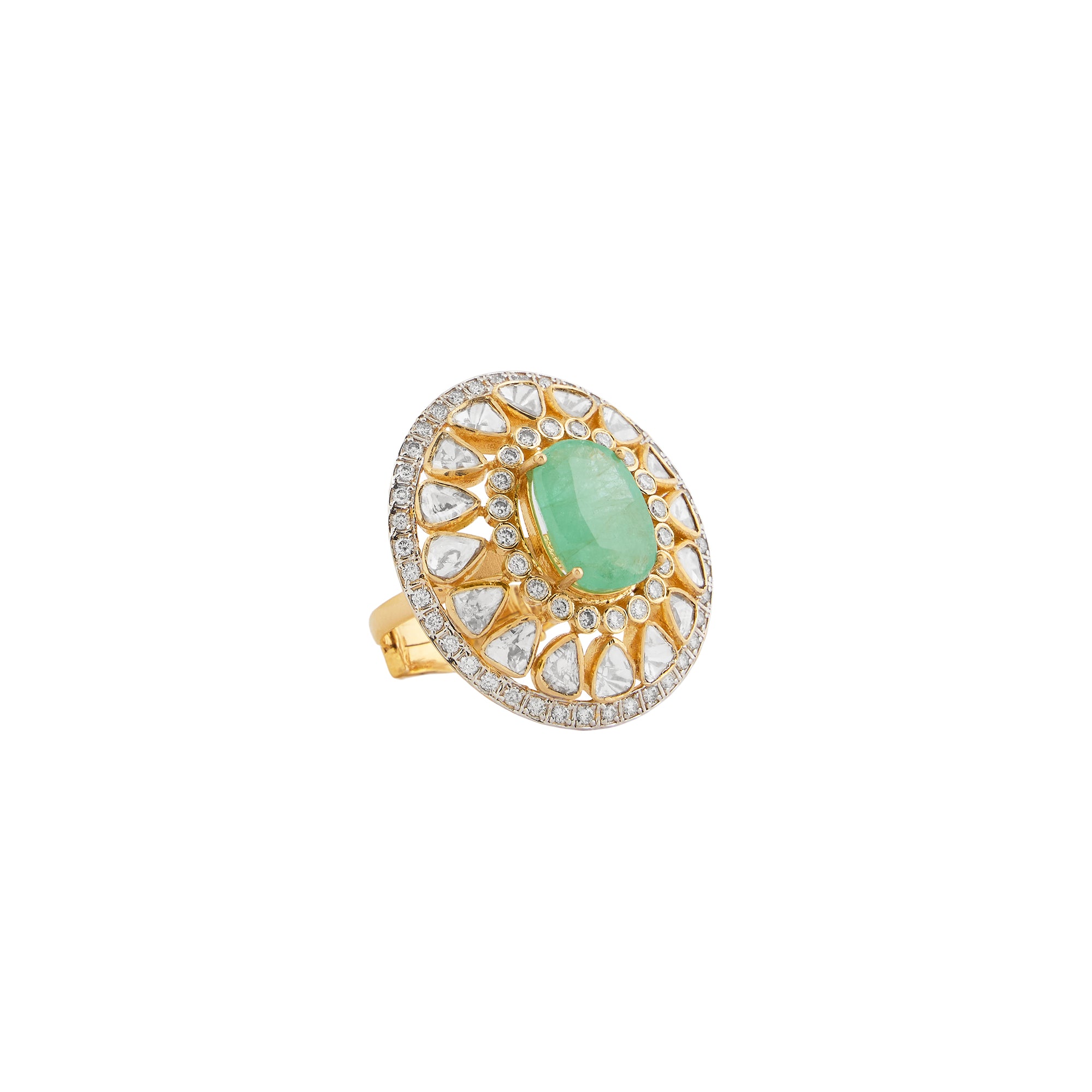 Polki diamond ring in 14kt yellow gold with brilliant round diamonds and a precious emerald.