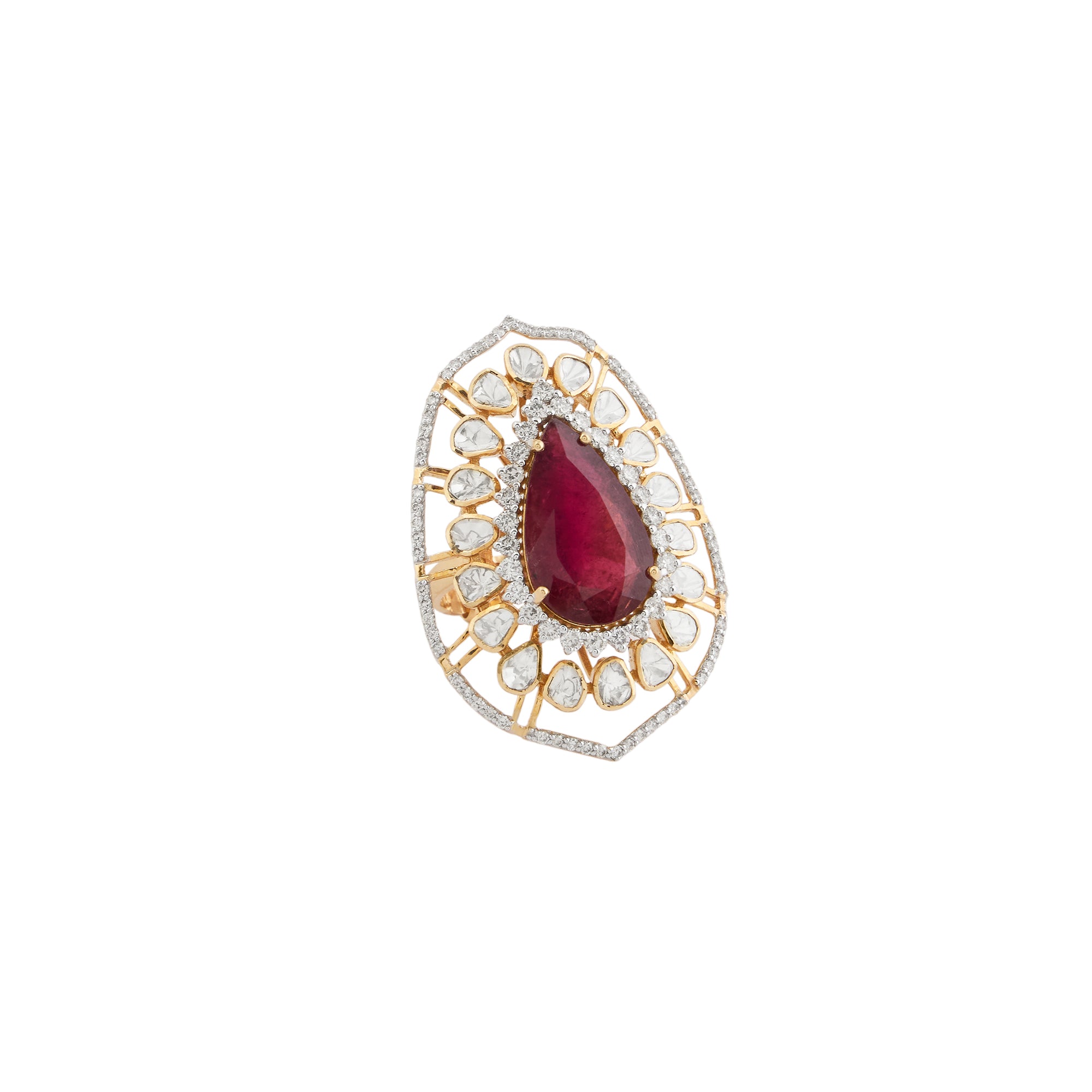 Polki diamond ring in 14kt yellow gold with brilliant round diamonds and a tourmaline stone.