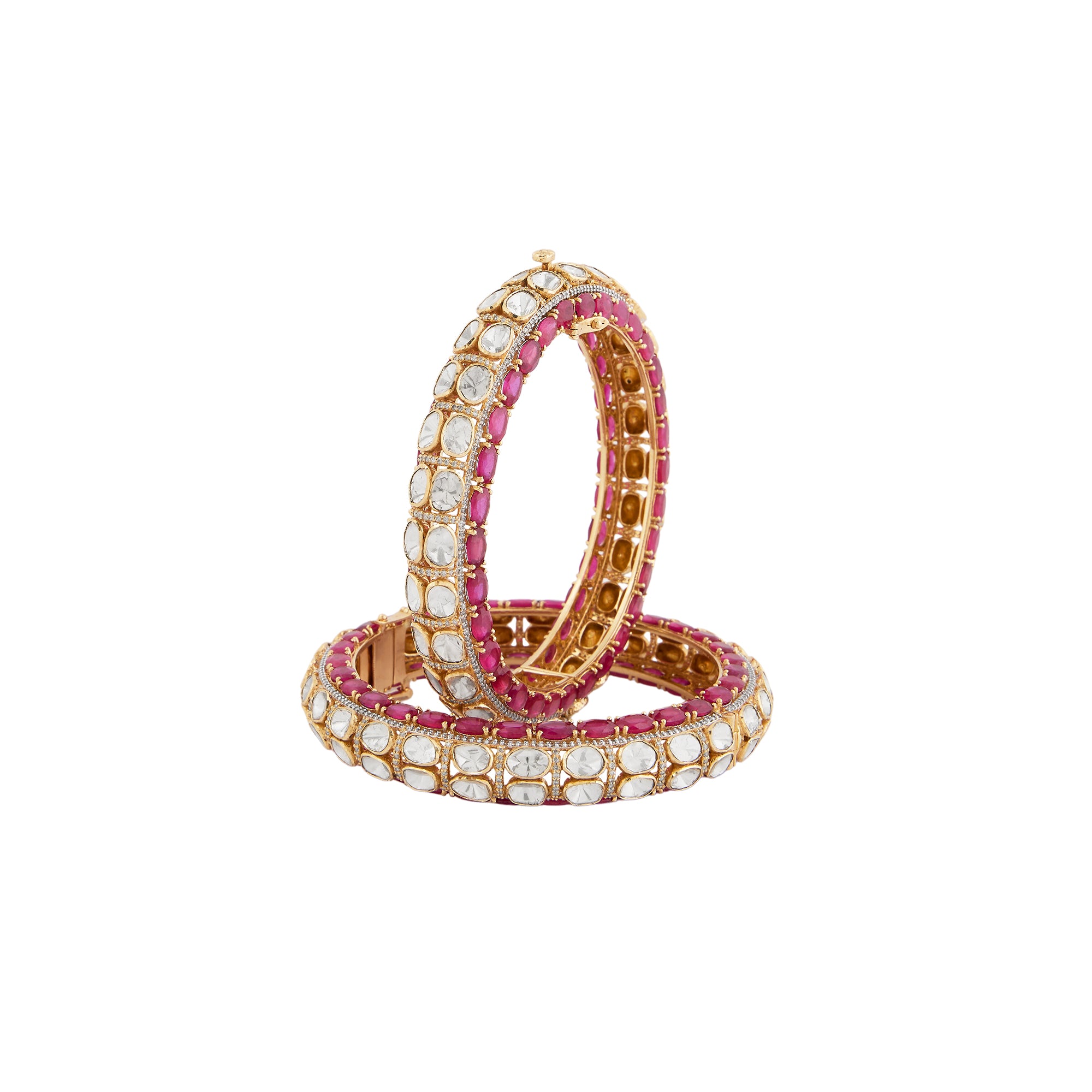 Polki diamond kada in 14kt yellow gold with brilliant round diamonds and a precious ruby.