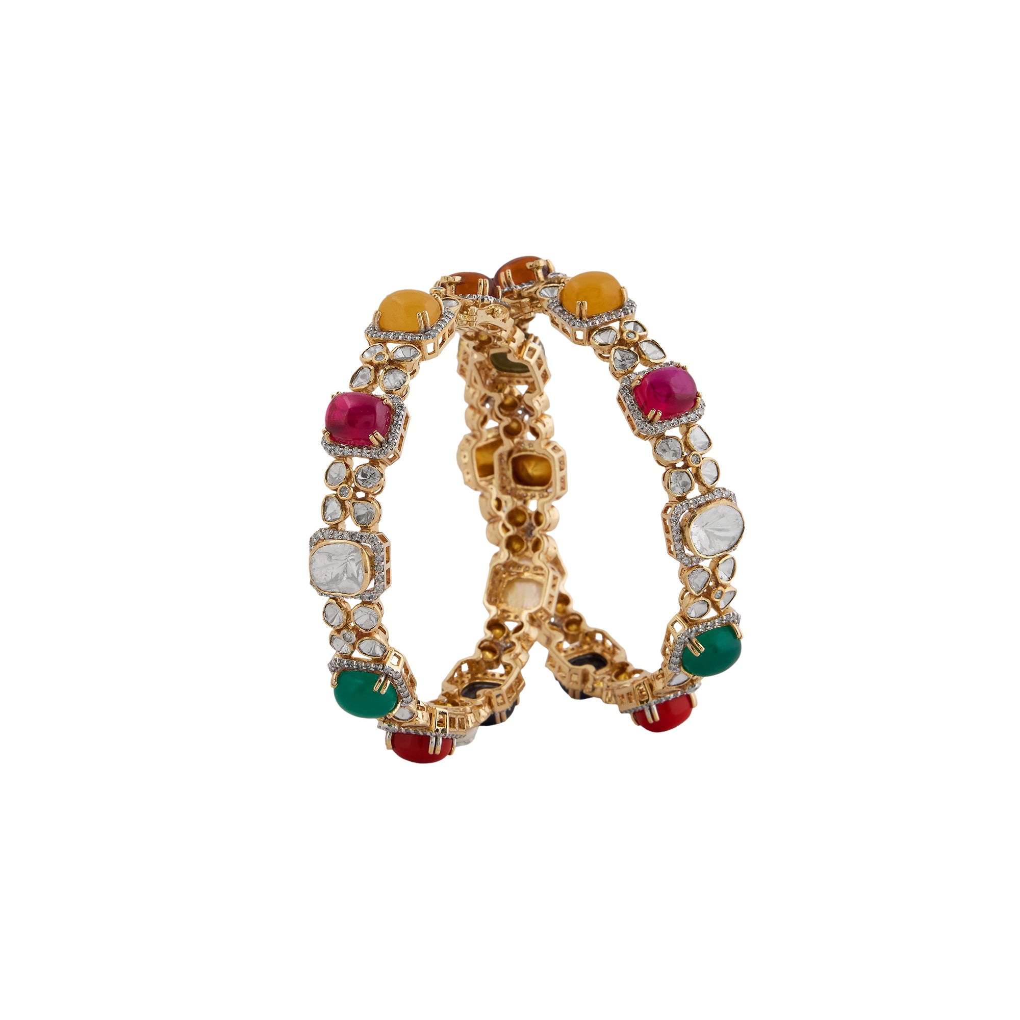 Navratan polki diamond antique bangles in 14kt yellow gold with brilliant round diamonds.