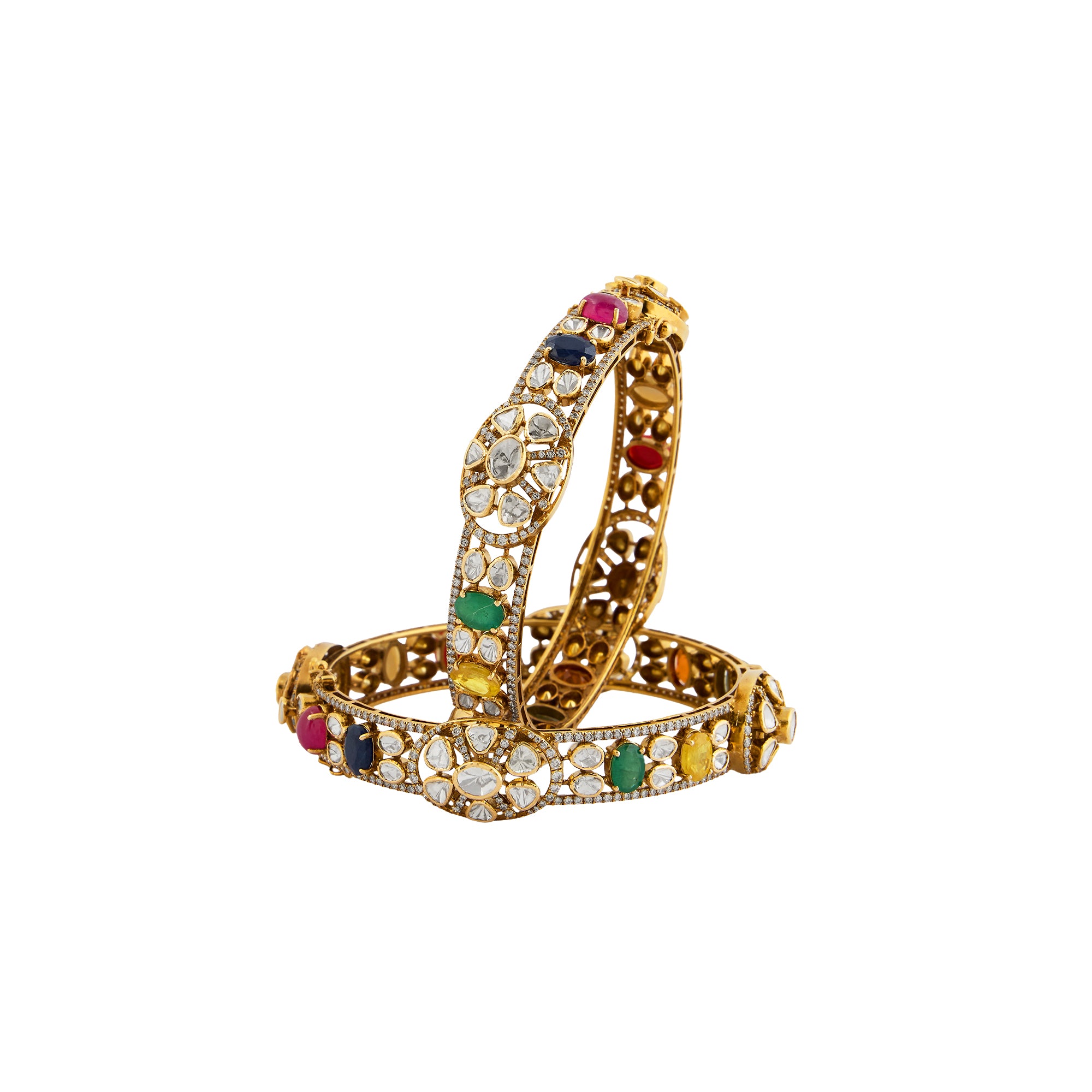 Navratan polki diamond antique bangles in 14kt yellow gold with brilliant round diamonds.