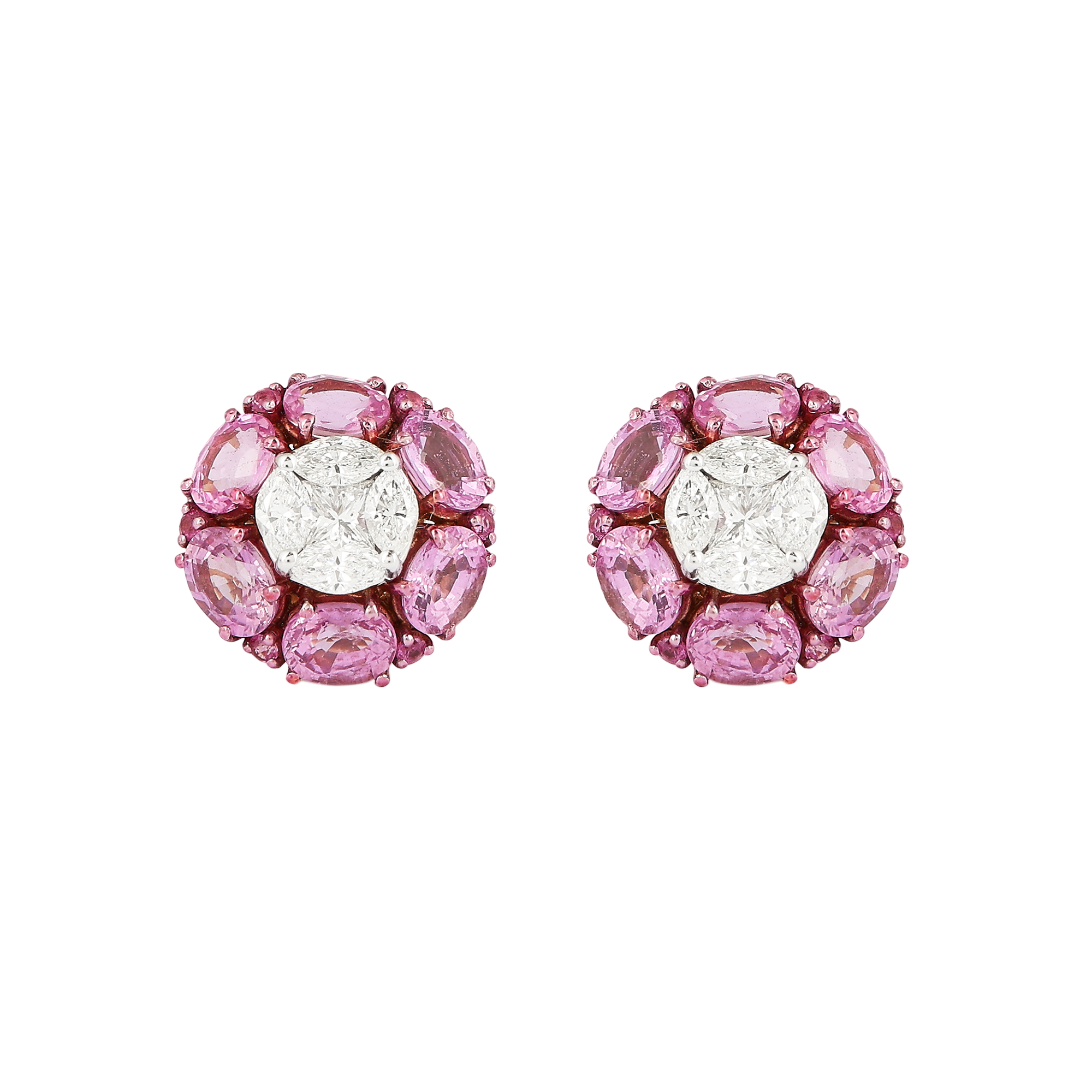 Earring in 18kt rose gold with maquise and princess cut diamonds and a precious sapphire.