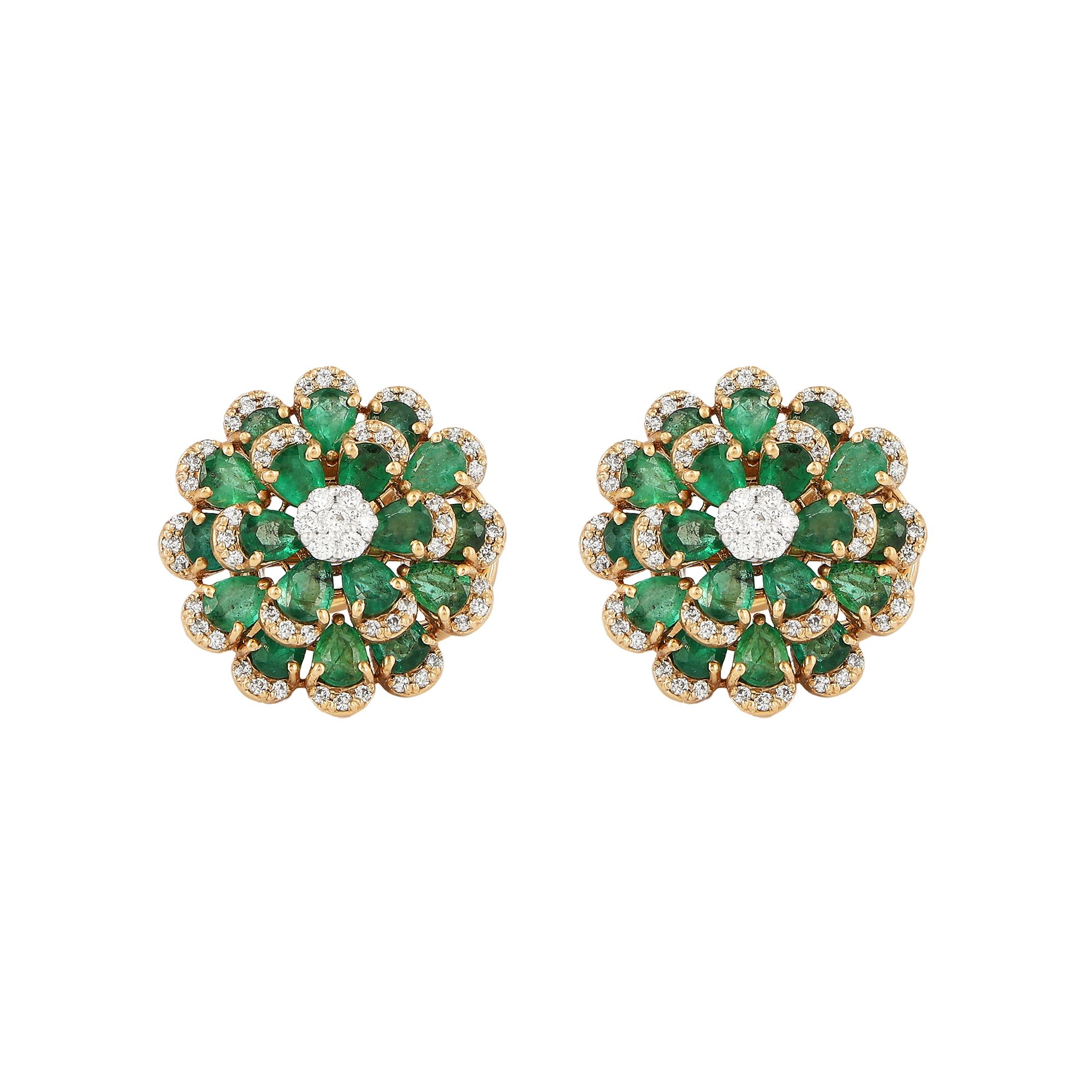 Earring in 18kt yellow gold with Round Brilliant cut diamonds and precious emerald