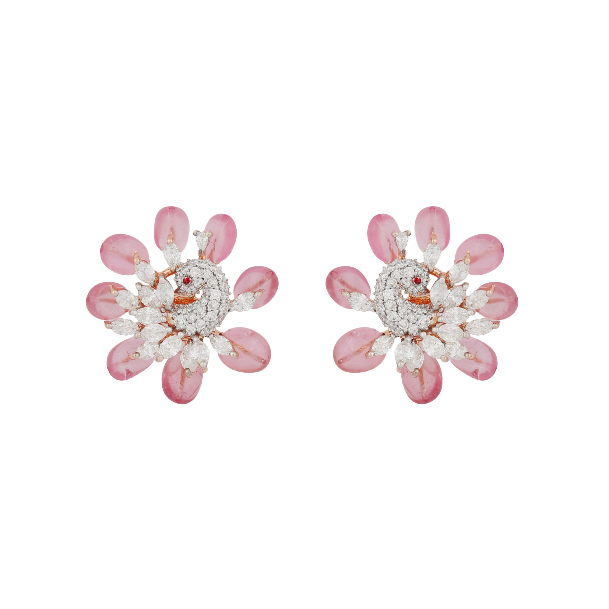 Earring in 14kt rose gold with Round Brilliant cut diamonds and marquise and Pear shape diamonds with trumlin.